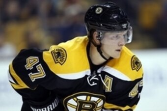 Sep 22, 2015; Boston, MA, USA; Boston Bruins defenseman Torey Krug (47) during the second period against the Washington Capitals at TD Garden. Mandatory Credit: Greg M. Cooper-USA TODAY Sports