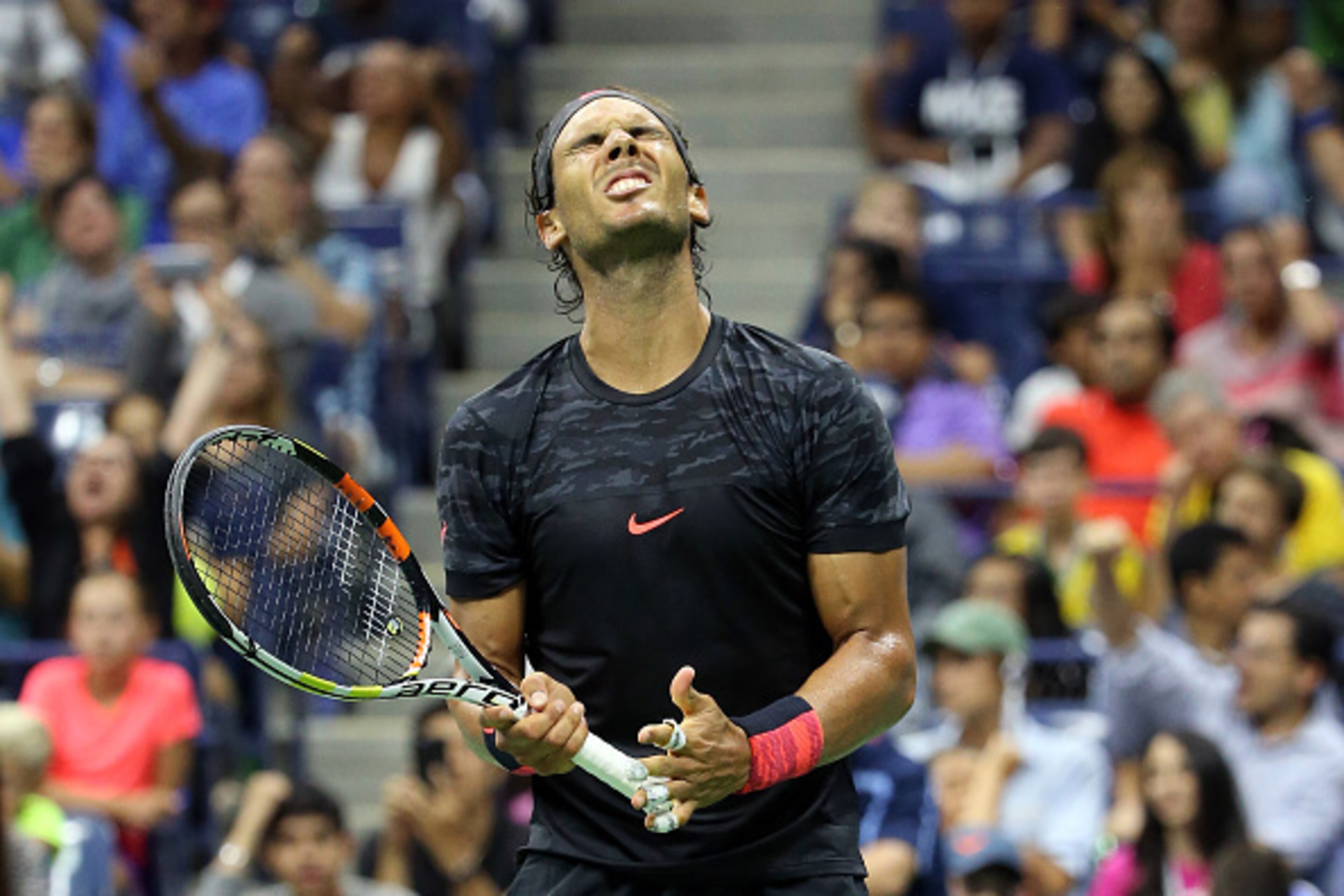 NEW YORK, NY - SEPTEMBER 04:  Rafael Nadal of Spain reacts against Fabio Fognini of Italy on Day Five of the 2015 US Open at the USTA Billie Jean King National Tennis Center on September 4, 2015 in the Flushing neighborhood of the Queens borough of New Yo