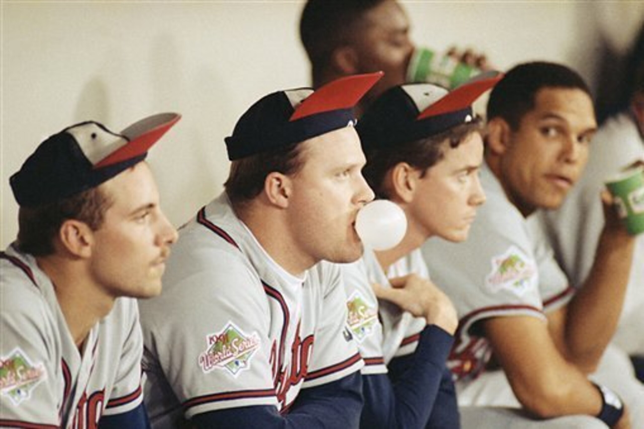 John Smoltz (left) and Tom Glavine (third from left) were part of a young Braves rotation in the 1991 World Series