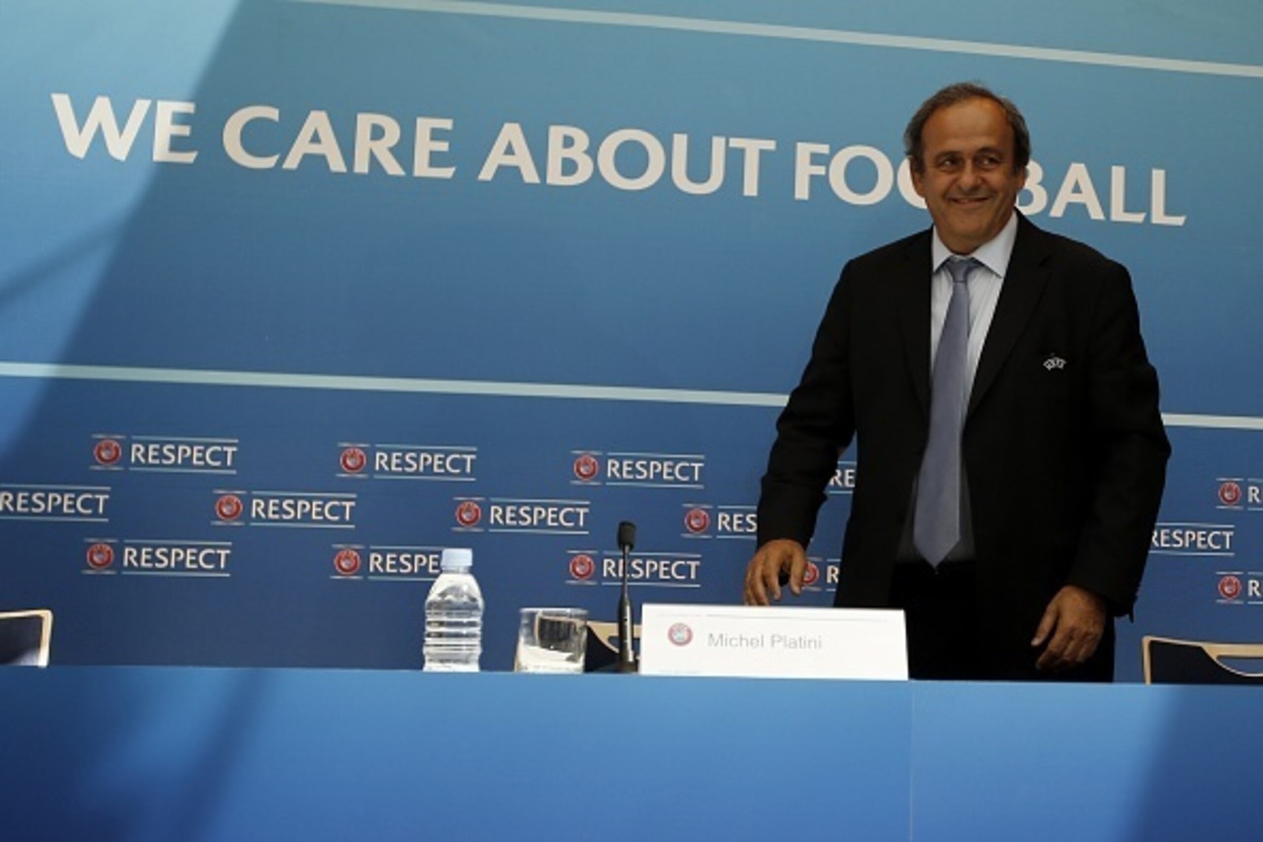 UEFA chief Michel Platini arrives for a UEFA press conference after the draw for the UEFA Europa League football group stage 2015/16 on August 28, 2015 in Monaco.  AFP PHOTO / VALERY HACHE        (Photo credit should read VALERY HACHE/AFP/Getty Images)