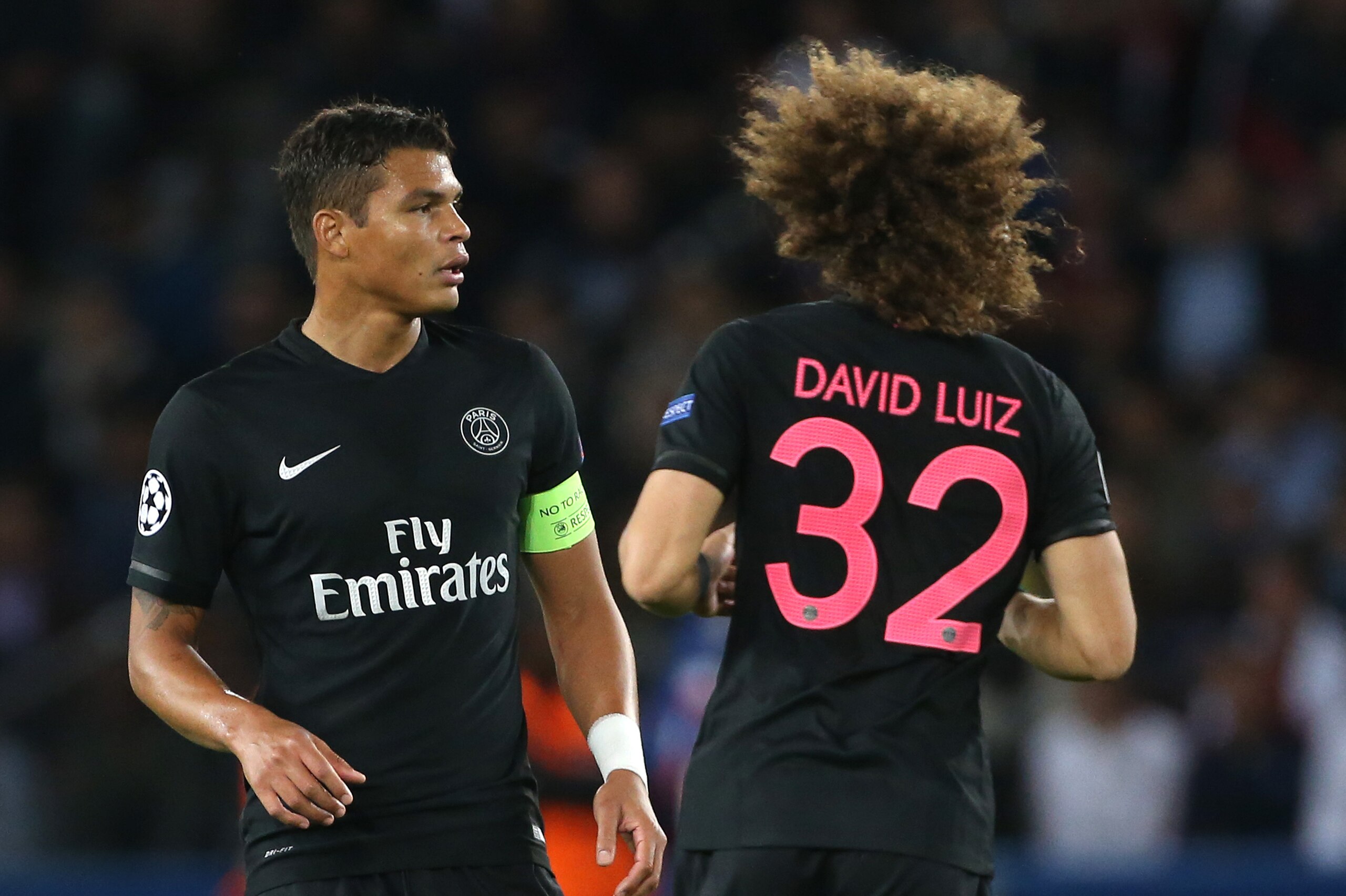 PARIS - SEPTEMBER 15: Thiago Silva of PSG and David Luiz of PSG in action during the UEFA Champions League match between Paris Saint-Germain (PSG) and Malmo FF at Parc des Princes stadium on September 15, 2015 in Paris, France. (Photo by Jean Catuffe/Gett