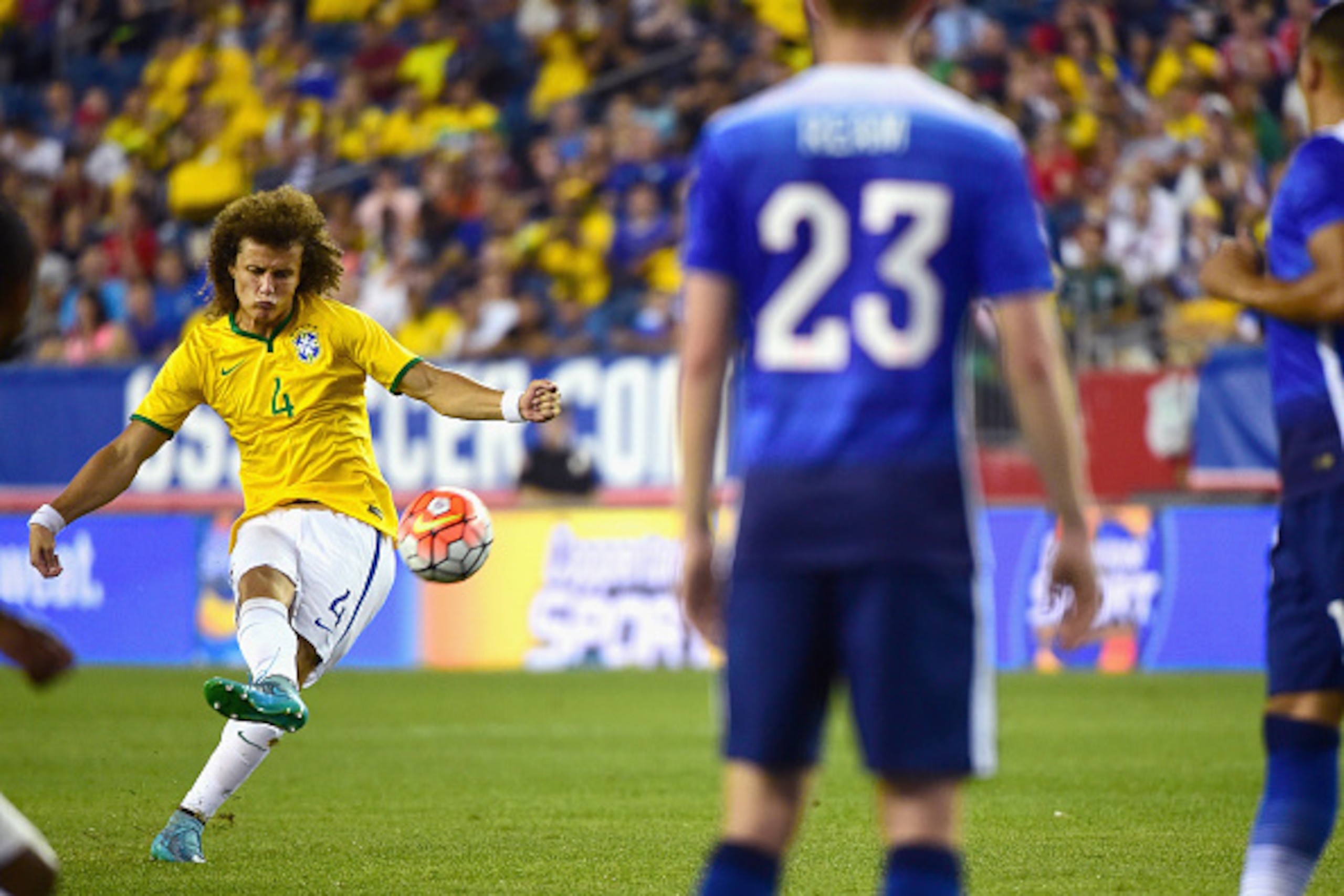FOXBORO, MA - SEPTEMBER 08:  David Luiz #4 of Brazil kicks the ball during an international friendly against the United States at Gillette Stadium on September 8, 2015 in Foxboro, Massachusetts.  (Photo by Billie Weiss/Getty Images)