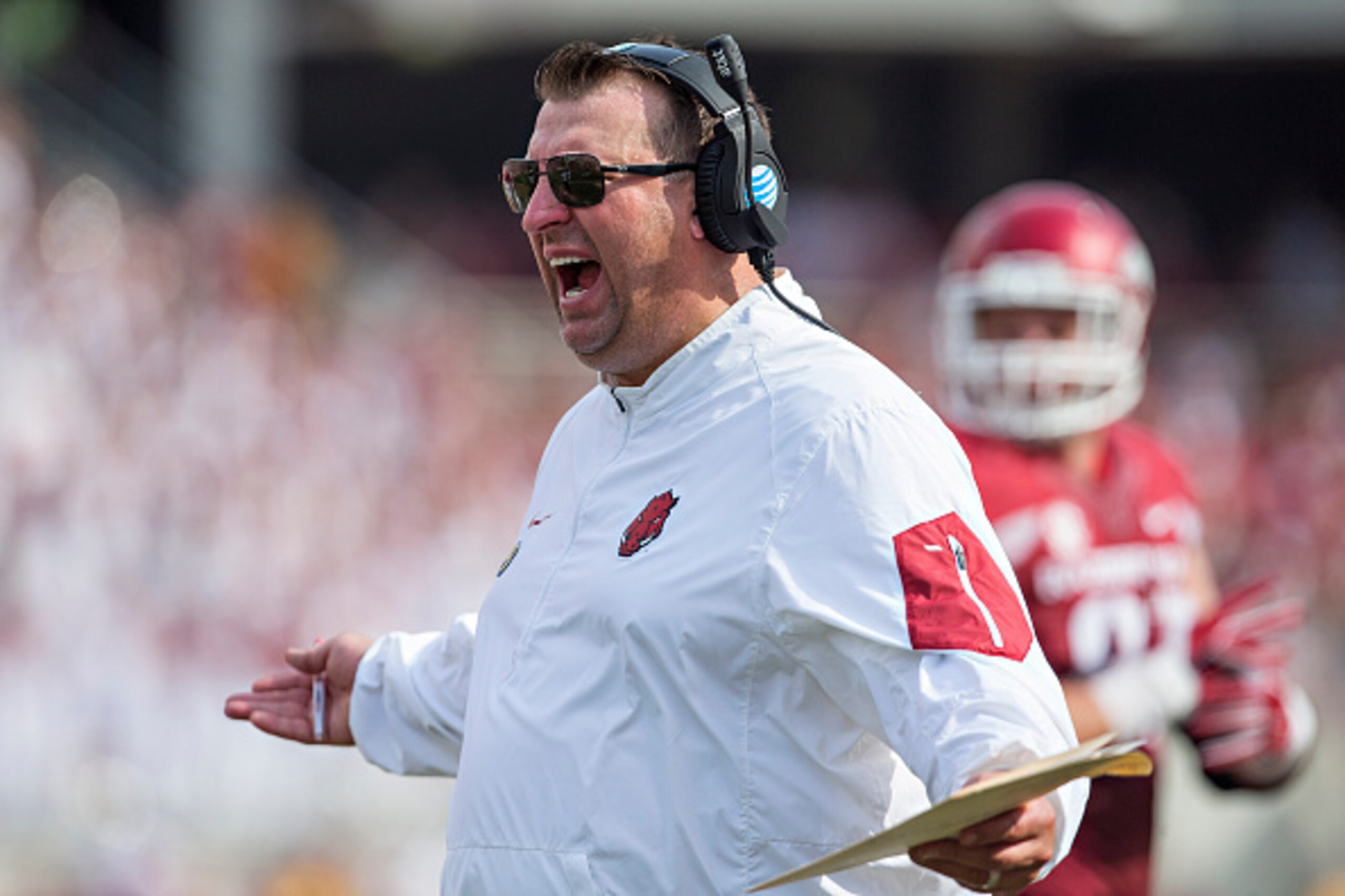 FAYETTEVILLE, AR - SEPTEMBER 5:  Head Coach Bret Bielema of the Arkansas Razorbacks yells to a official during a game against the UTEP Miners at Razorback Stadium on September 5, 2015 in Fayetteville, Arkansas.  The Razorbacks defeated the Miners 48-13.  