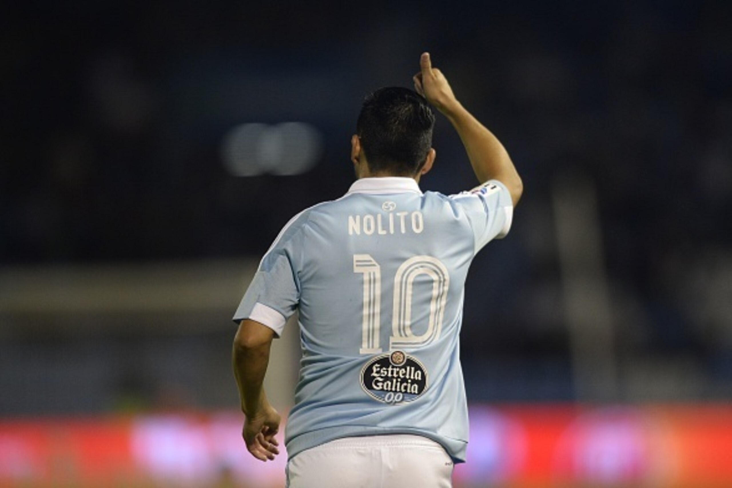 Celta Vigo's forward  Nolito points skywards during the Spanish league football match Celta Vigo vs Getafe CF at the Balaidos stadium in Vigo on October 2, 2015.   AFP PHOTO / MIGUEL RIOPA        (Photo credit should read MIGUEL RIOPA/AFP/Getty Images)
