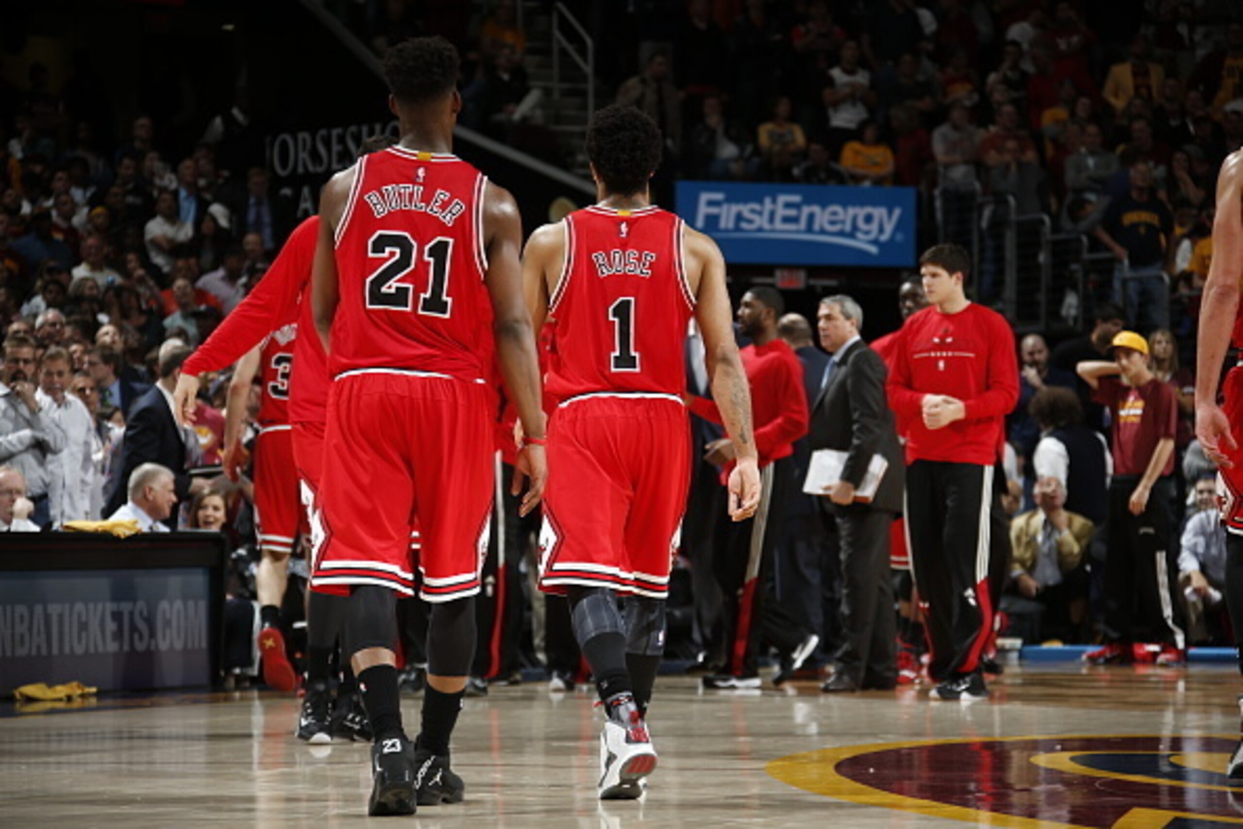 CLEVELAND, OH - MAY 12:  Jimmy Butler #21 and Derrick Rose #1 of the Chicago Bulls in Game Five of the Eastern Conference Semifinals against the Cleveland Cavaliers during the 2015 NBA Playoffs on May 12, 2015 at The Quicken Loans Arena in Cleveland, Ohio