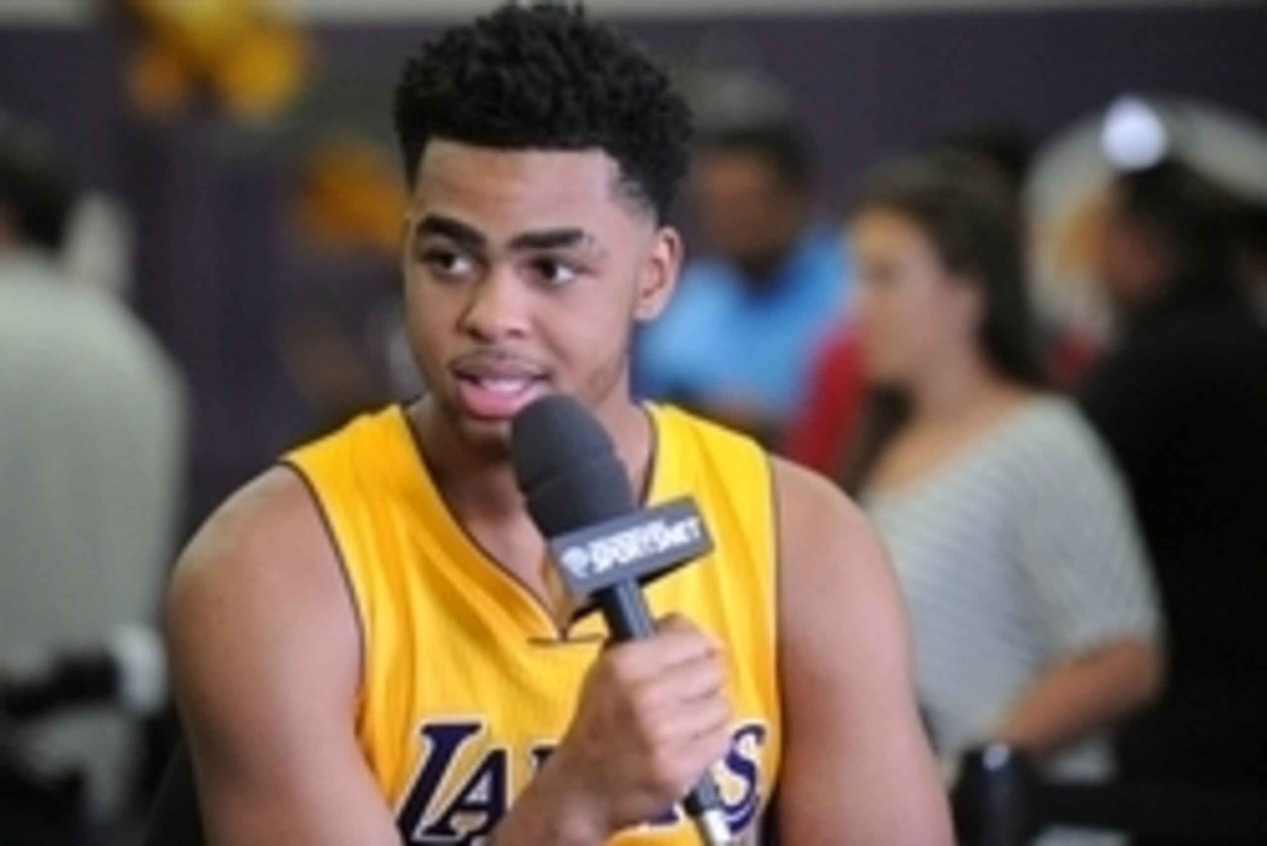 September 28, 2015; El Segundo, CA, USA; Los Angeles Lakers guard D'Angelo Russell is interviewed during media day at Toyota Sports Center. Mandatory Credit: Gary A. Vasquez-USA TODAY Sports