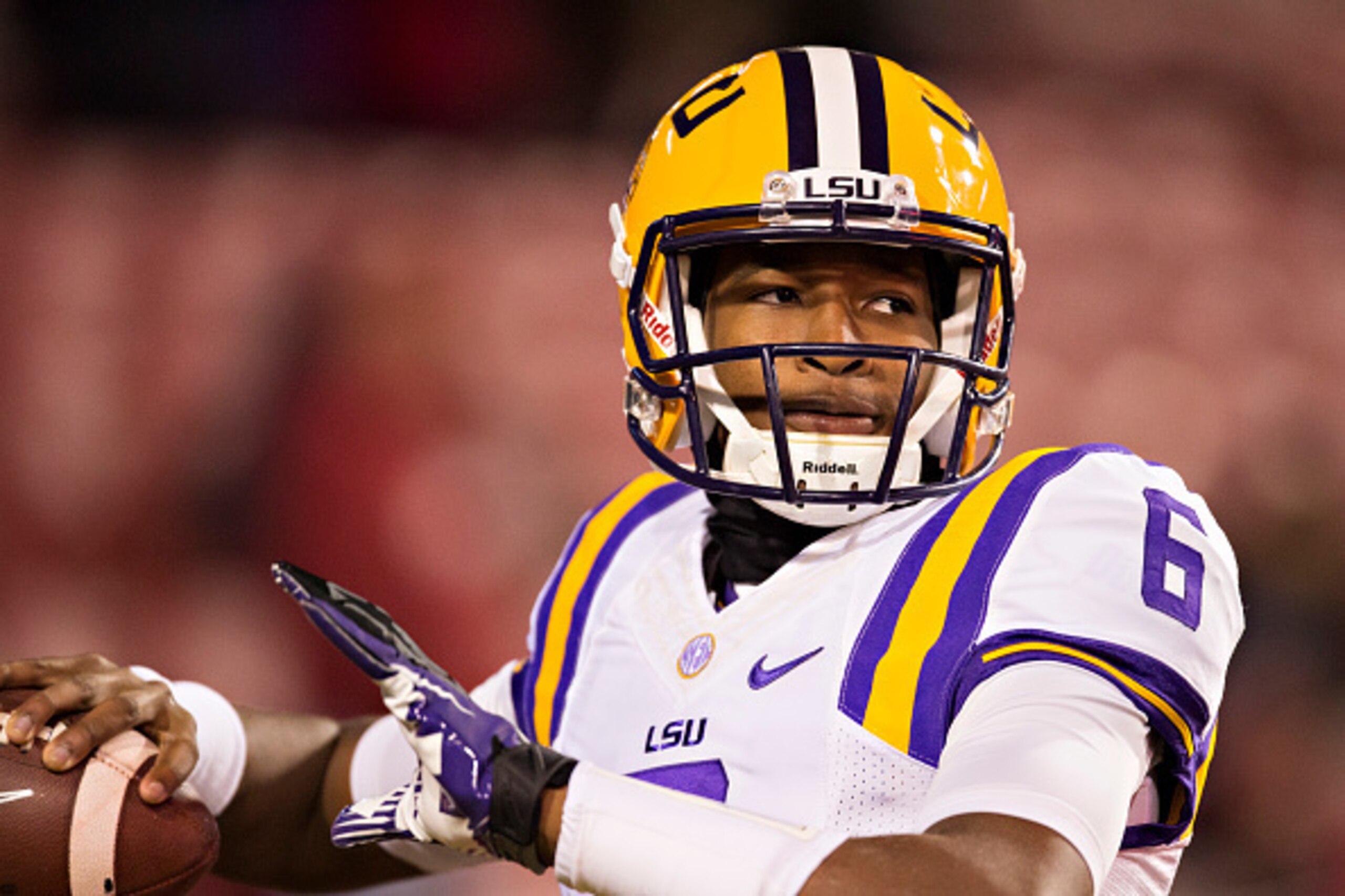 FAYETTEVILLE, AR - NOVEMBER 15:  Brandon Harris #6 of the LSU Tigers warms up before a game against the Arkansas Razorbacks at Razorback Stadium on November 15, 2014 in Fayetteville, Arkansas.  The Razorbacks defeated the Tigers 17-0.  (Photo by Wesley Hi