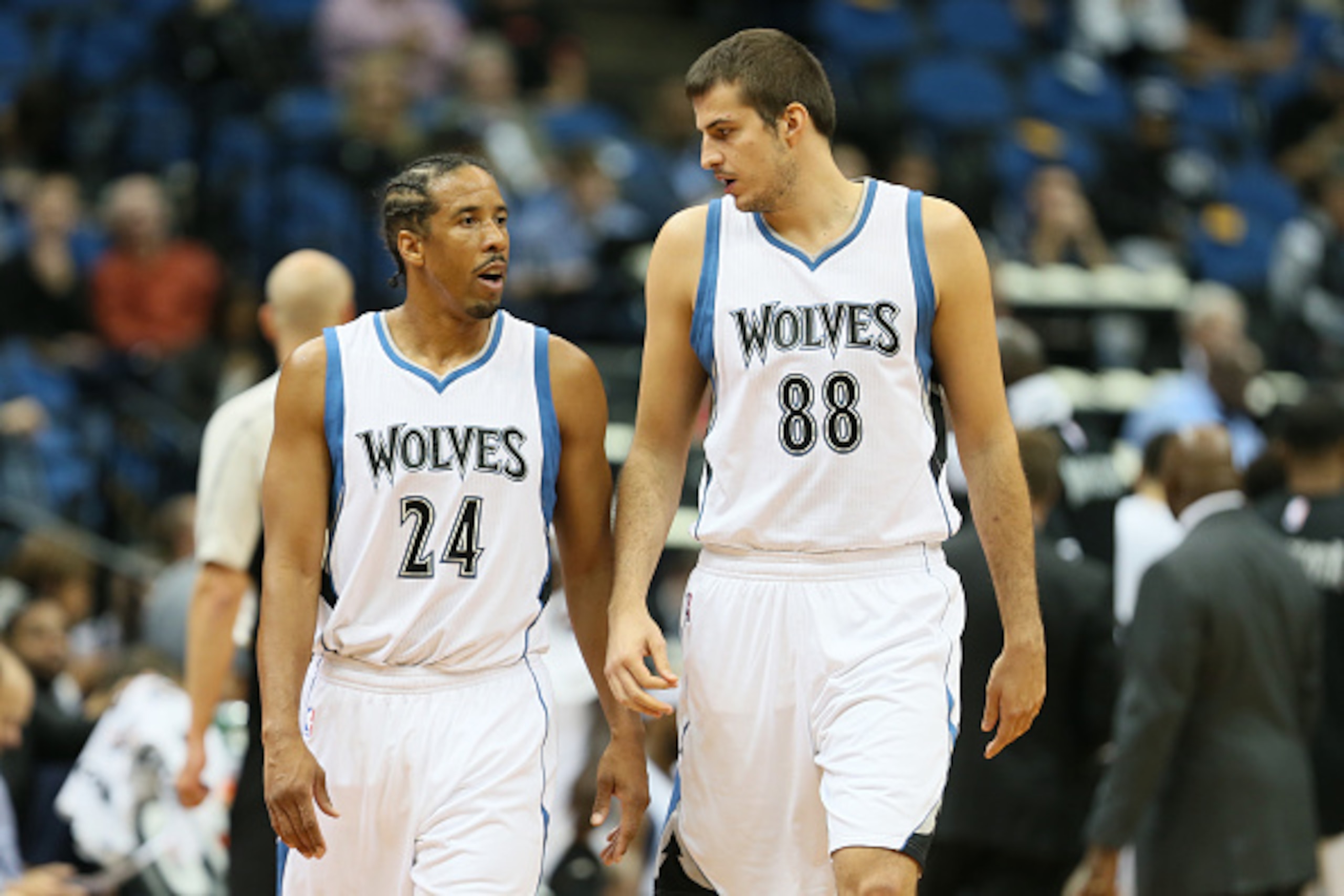 MINNEAPOLIS, MN - OCTOBER 7: Andre Miller #24 and Nemanja Bjelica #88 of the Minnesota Timberwolves during a preseason game against the Oklahoma City Thunder on October 7, 2015 at Target Center in Minneapolis, Minnesota. NOTE TO USER: User expressly ackno