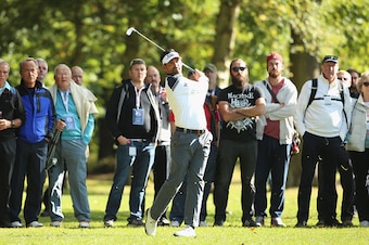 WOBURN, ENGLAND - OCTOBER 08:  Lee Slattery of England plays his second shot on the 18th hole during the first round of the British Masters supported by Sky Sports at Woburn Golf Club on October 8, 2015 in Woburn, England.  (Photo by Andrew Redington/Gett