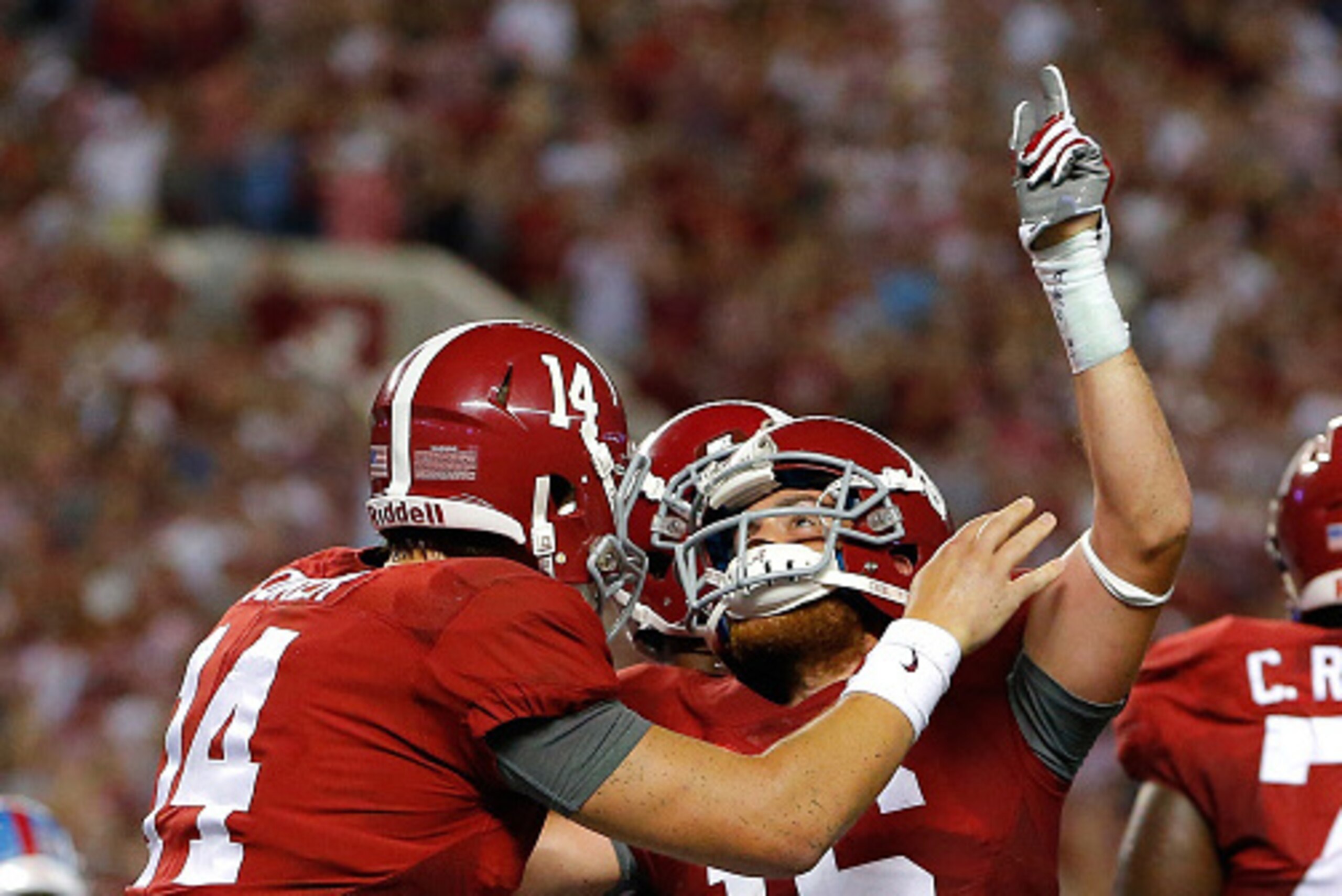 TUSCALOOSA, AL - SEPTEMBER 19: Richard Mullaney #16 of the Alabama Crimson Tide celebrates scoring a touchdown against the Mississippi Rebels with Jake Coker #14 at Bryant-Denny Stadium on September 19, 2015 in Tuscaloosa, Alabama. (Photo by Kevin C. Co TUSCALOOSA, AL - SEPTEMBER 19: Richard Mullaney #16 of the Alabama Crimson Tide celebrates scoring a touchdown against the Mississippi Rebels with Jake Coker #14 at Bryant-Denny Stadium on September 19, 2015 in Tuscaloosa, Alabama. (Photo by Kevin C. Co
