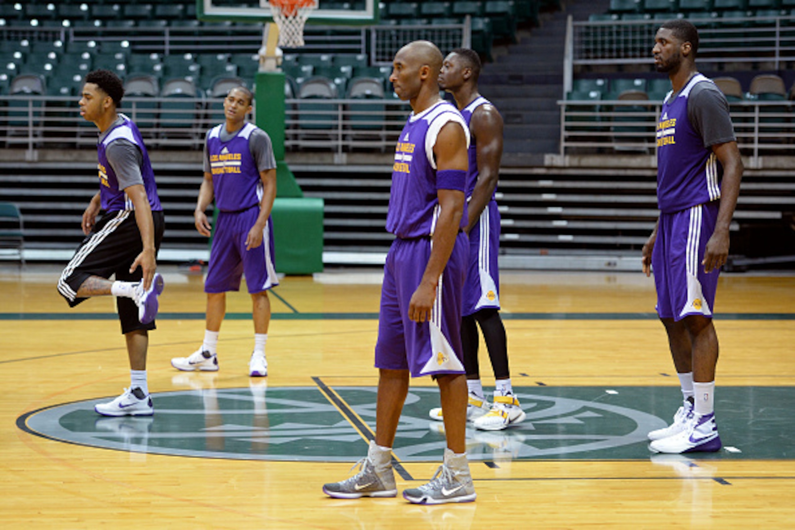 HONOLULU, HI - OCTOBER 3:  Kobe Bryant #24 of the Los Angeles Lakers stands on the court during training camp at the Stan Sheriff Center on October 2, 2015 in Honolulu, Hawaii. NOTE TO USER: User expressly acknowledges and agrees that, by downloading and/
