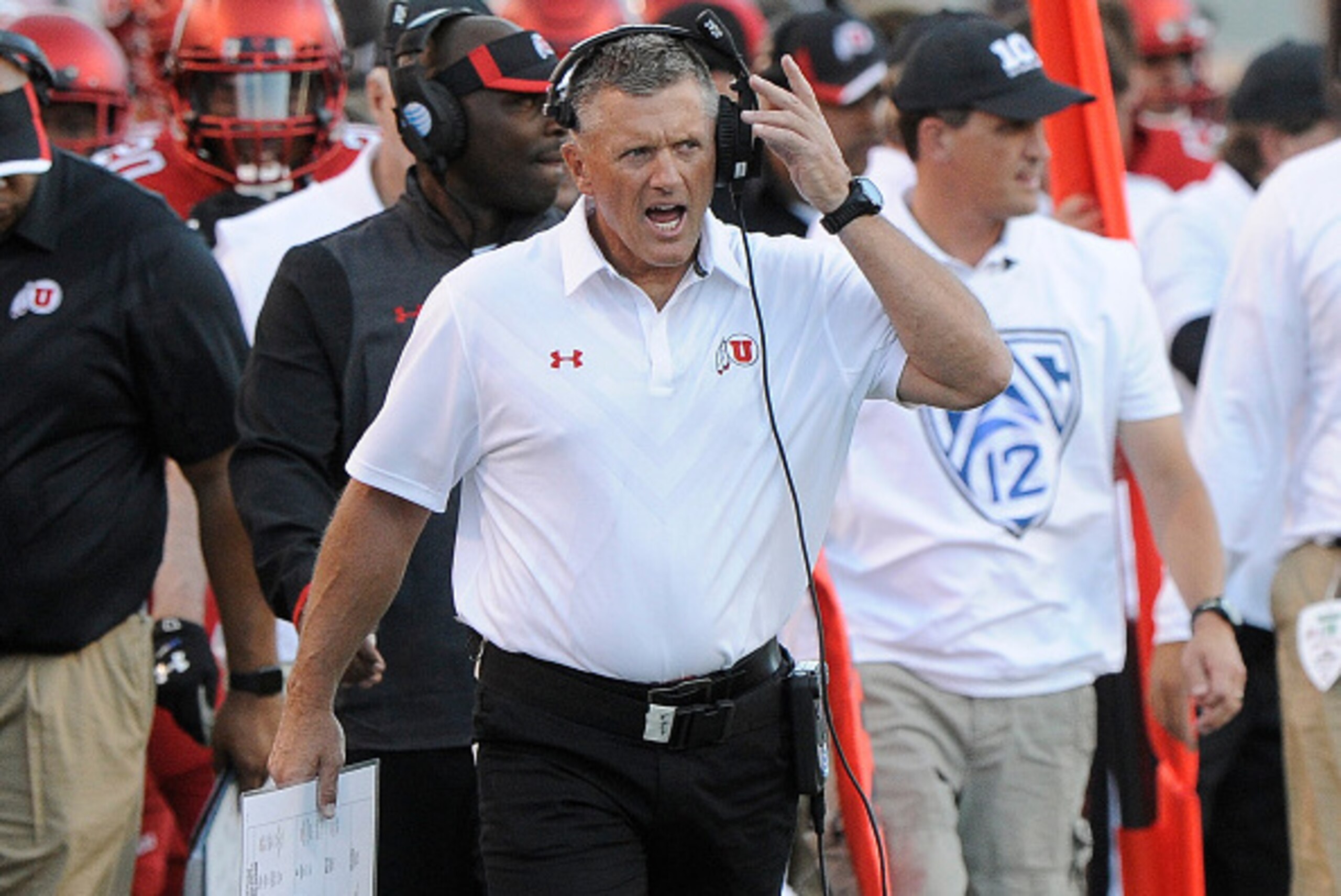 SALT LAKE CITY, UT - SEPTEMBER 3: Head coach Kyle Whittingham of the Utah Utes on the sidelines during their game against the Michigan Wolverines at Rice-Eccles Stadium on September 3, 2015 in Salt Lake City, Utah. (Photo by Gene Sweeney Jr/Getty Images)