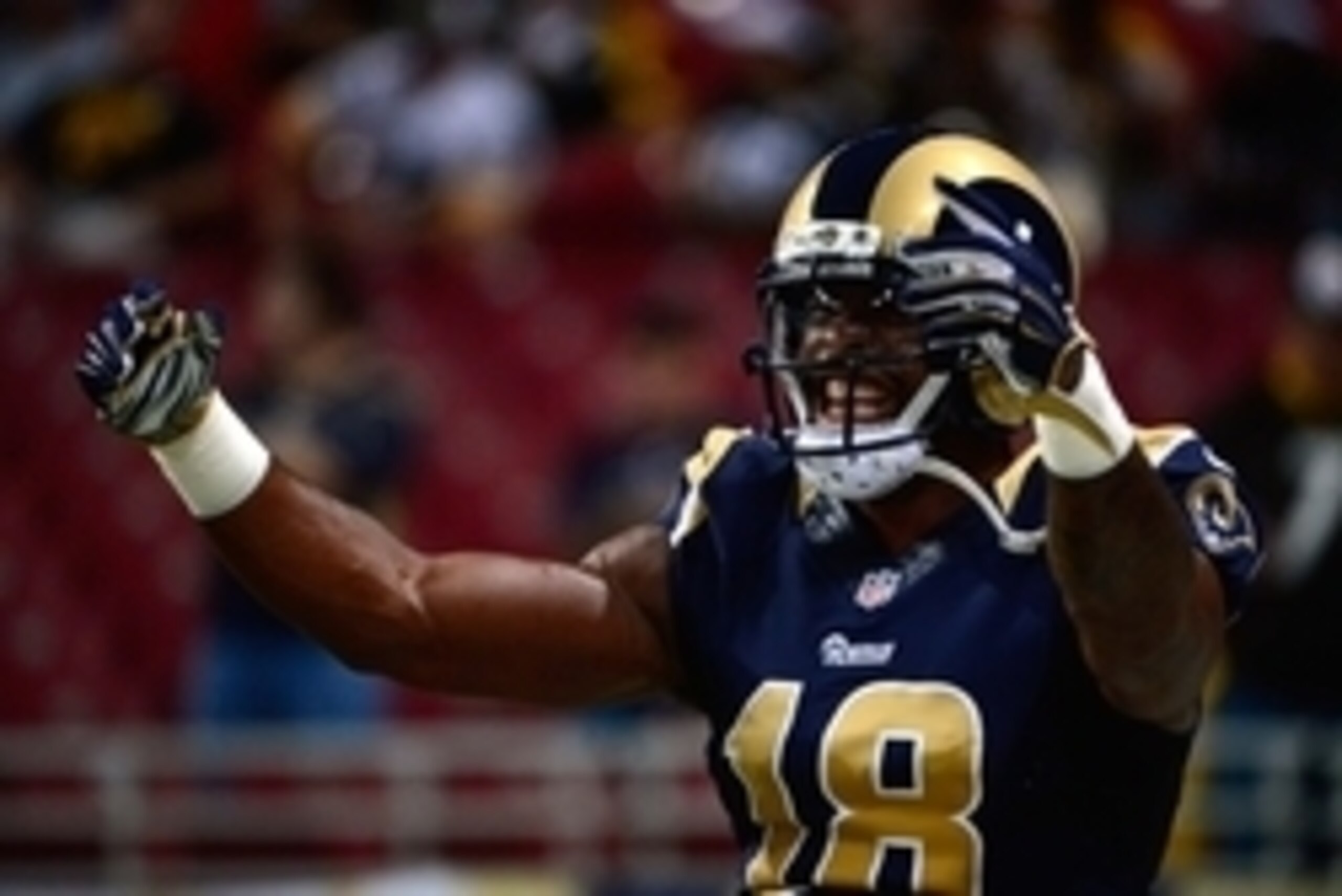 Sep 27, 2015; St. Louis, MO, USA; St. Louis Rams wide receiver Kenny Britt (18) dances before a game against the Pittsburgh Steelers at the Edward Jones Dome. Steelers defeated the Rams 12-6. Mandatory Credit: Jeff Curry-USA TODAY Sports Sep 27, 2015; St. Louis, MO, USA; St. Louis Rams wide receiver Kenny Britt (18) dances before a game against the Pittsburgh Steelers at the Edward Jones Dome. Steelers defeated the Rams 12-6. Mandatory Credit: Jeff Curry-USA TODAY Sports