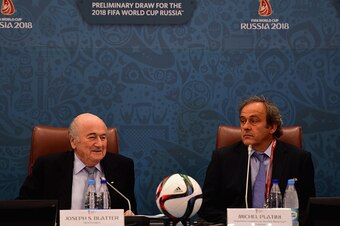 SAINT PETERSBURG, RUSSIA - JULY 25:  FIFA President Joseph S. Blatter and UEFA President Michel Platini look on during the Team Seminar ahead of the Preliminary Draw of the 2018 FIFA World Cup at the Corinthia Hotel on July 25, 2015 in Saint Petersburg, R