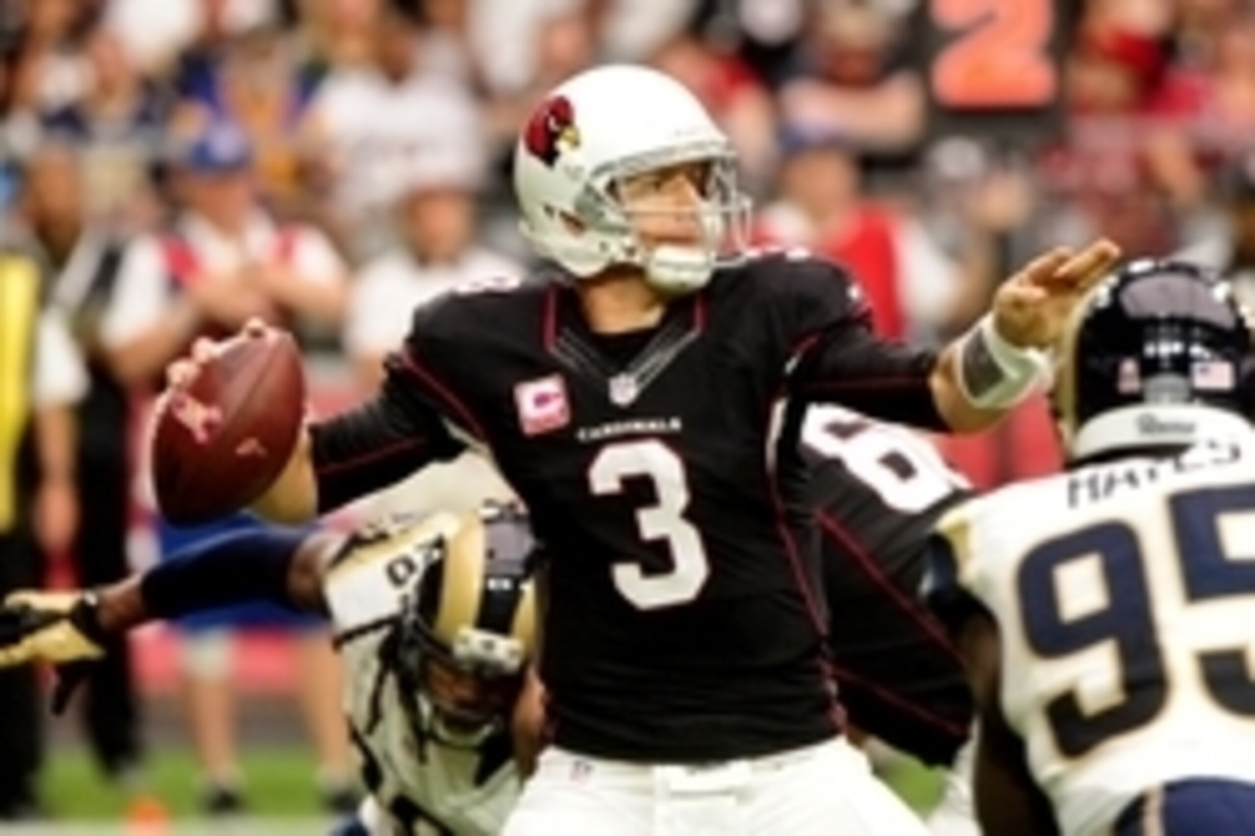 Oct 4, 2015; Glendale, AZ, USA; Arizona Cardinals quarterback Carson Palmer (3) looks to pass during the first half against the St. Louis Rams at University of Phoenix Stadium. Mandatory Credit: Matt Kartozian-USA TODAY Sports