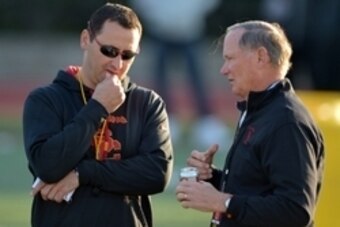 Mar 3, 2015; Los Angeles, CA, USA; Southern California Trojans coach Steve Sarkisian (left) and athletic director Pat Haden at spring practice at Cromwell Field. Mandatory Credit: Kirby Lee-USA TODAY Sports
