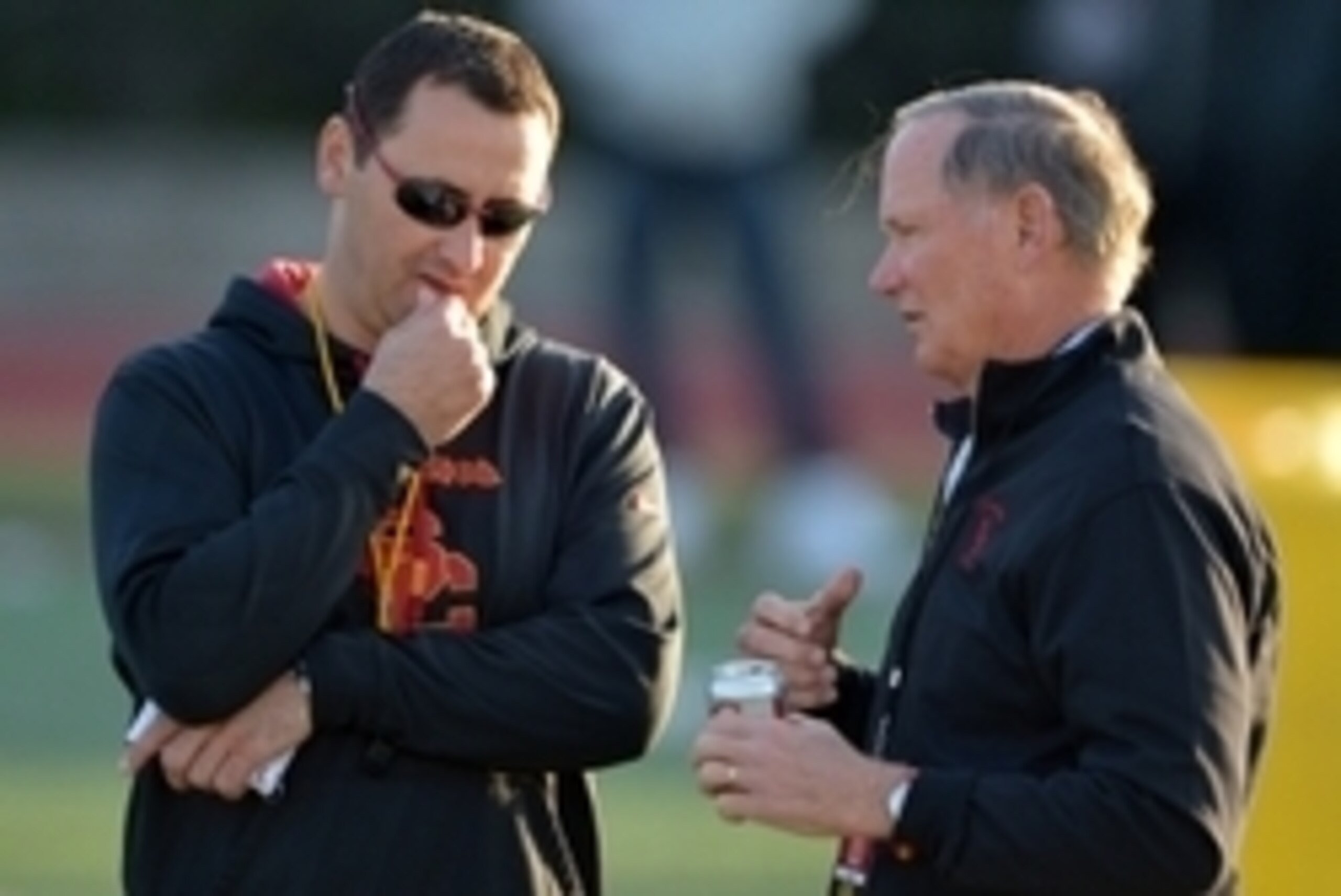 Mar 3, 2015; Los Angeles, CA, USA; Southern California Trojans coach Steve Sarkisian (left) and athletic director Pat Haden at spring practice at Cromwell Field. Mandatory Credit: Kirby Lee-USA TODAY Sports