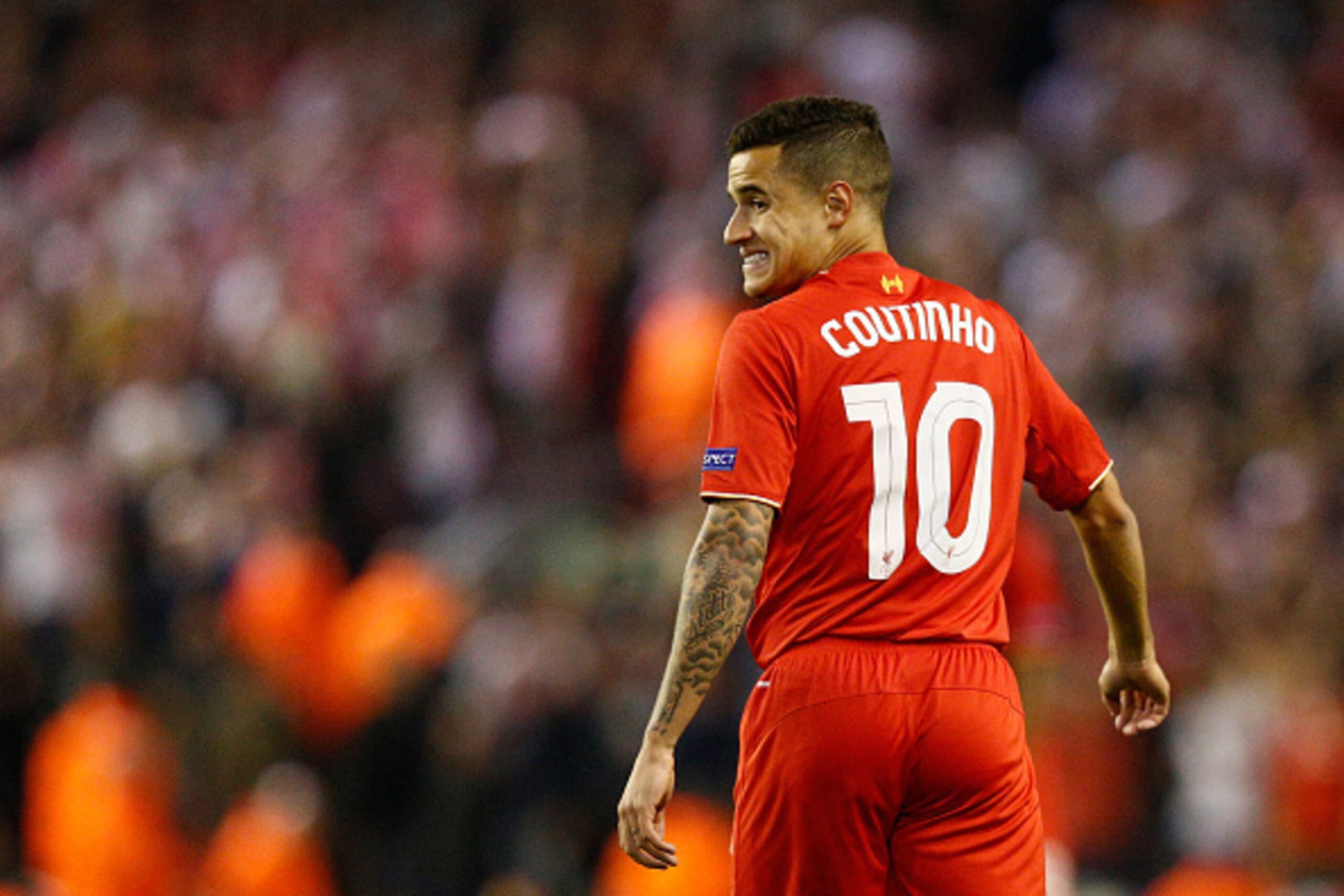 LIVERPOOL, ENGLAND - OCTOBER 01: Philippe Coutinho of Liverpool reacts  during the UEFA Europa League group B match between Liverpool FC and FC Sion at Anfield on October 1, 2015 in Liverpool, United Kingdom.  (Photo by Dean Mouhtaropoulos/Getty Images)