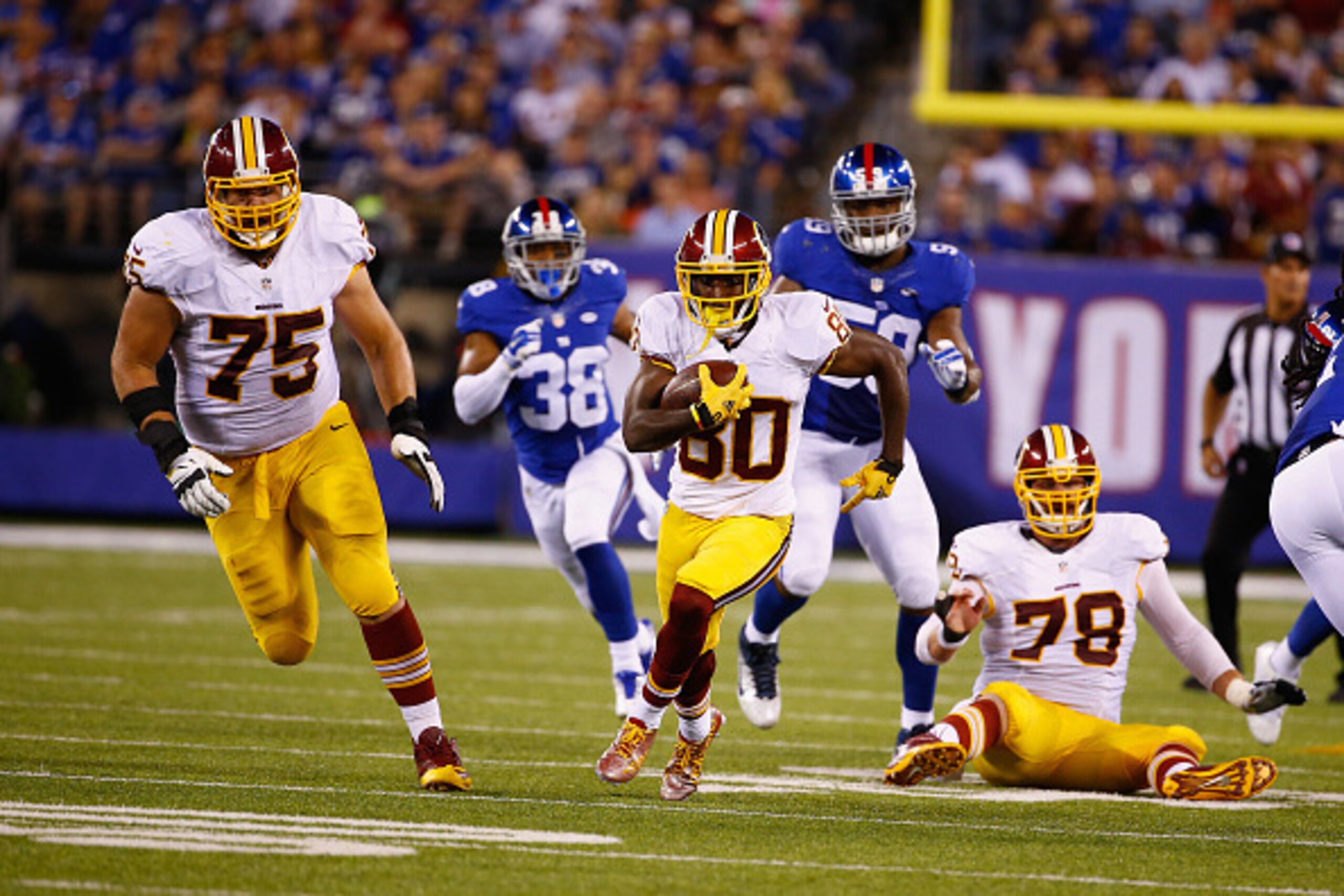 EAST RUTHERFORD, NJ - SEPTEMBER 24: Jamison Crowder #80 of the Washington Redskins runs after a catch against the New York Giants during their game at MetLife Stadium on September 24, 2015 in East Rutherford, New Jersey. (Photo by Al Bello/Getty Images EAST RUTHERFORD, NJ - SEPTEMBER 24: Jamison Crowder #80 of the Washington Redskins runs after a catch against the New York Giants during their game at MetLife Stadium on September 24, 2015 in East Rutherford, New Jersey. (Photo by Al Bello/Getty Images