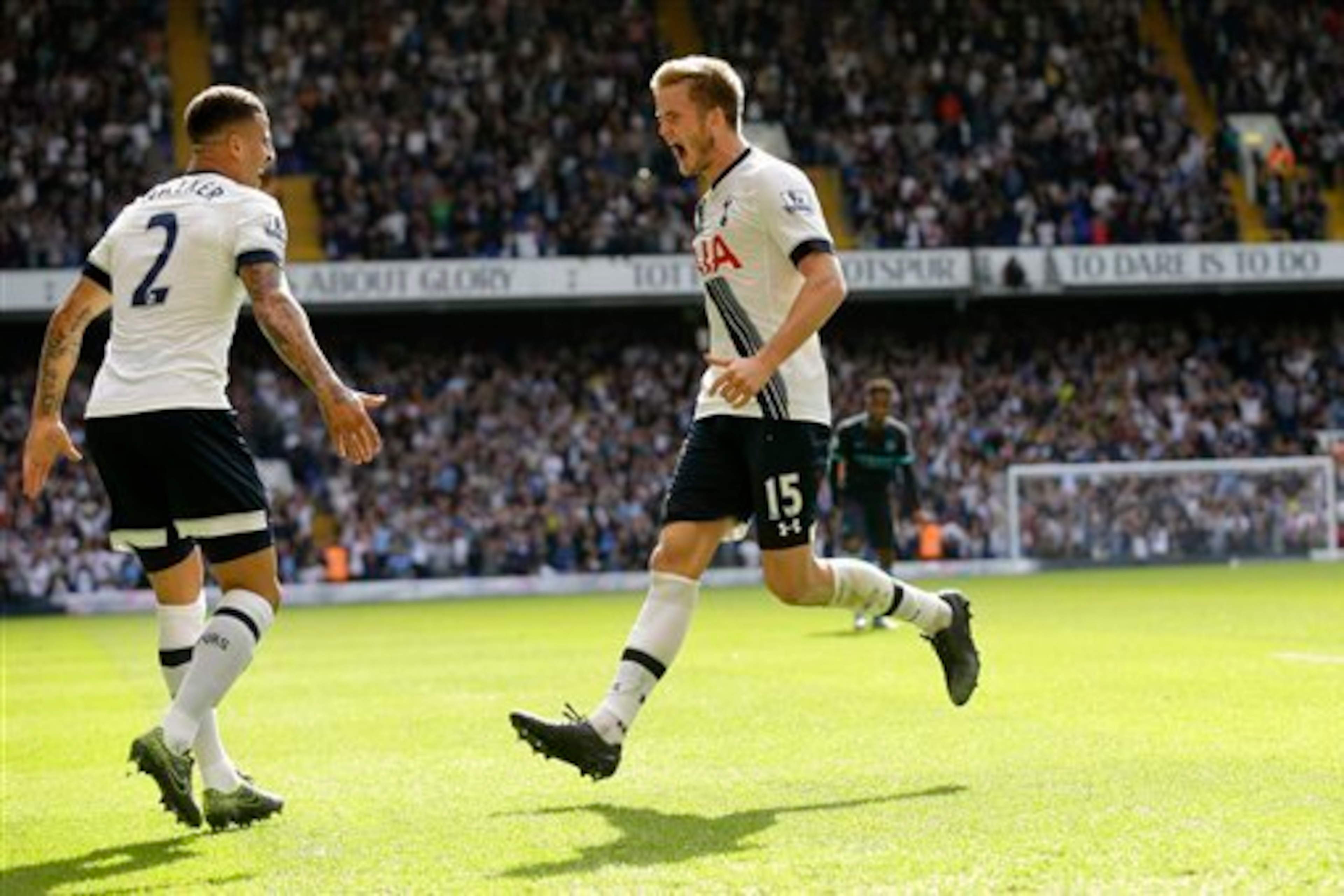 Walker celebrates with Eric Dier during Tottenham's win over Manchester City, the right-back's best performance this season.
