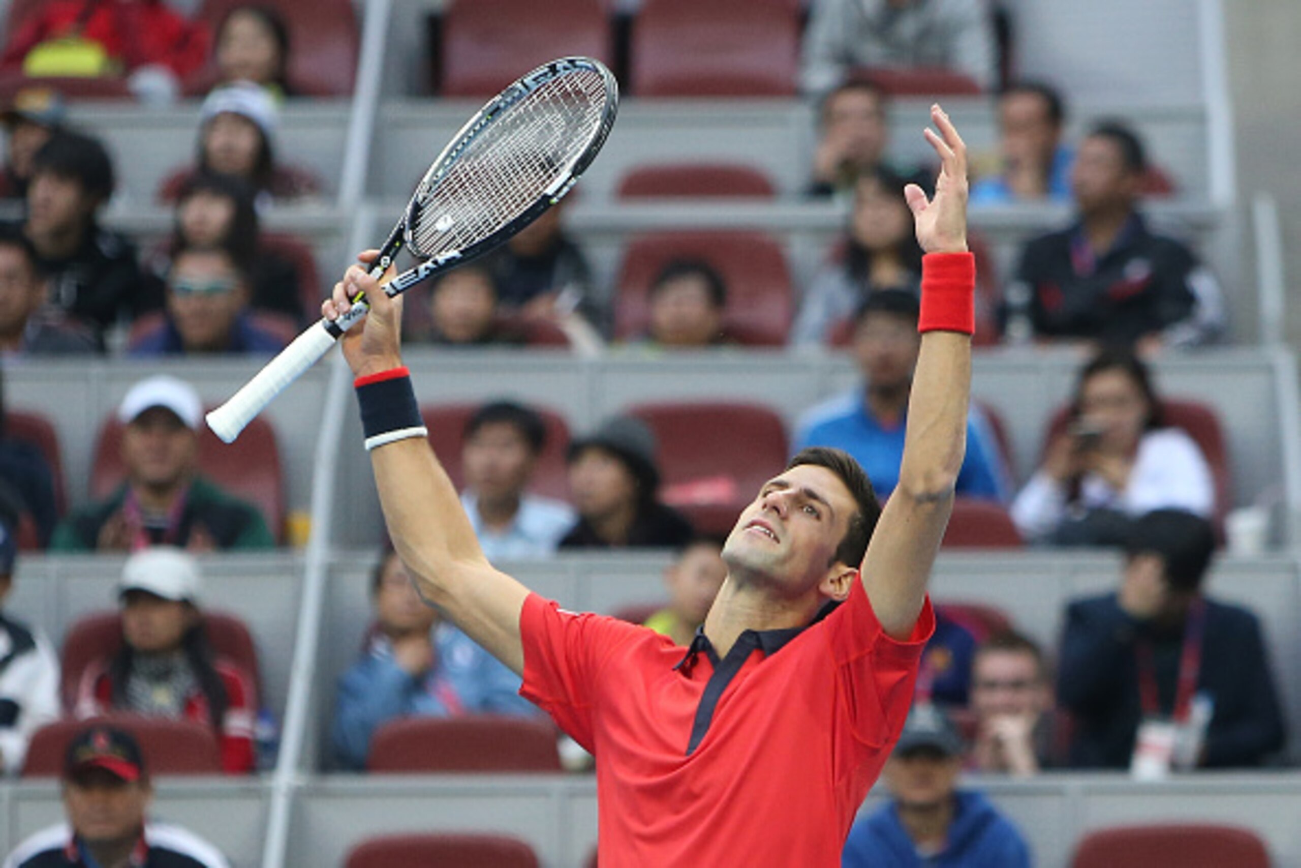 BEIJING, CHINA - OCTOBER 08:  Novak Djokovic of Serbia reacts during the match against Ze Zhang of China during the day six of the 2015 China Open at the China National Tennis Center on October 8, 2015 in Beijing, China.  (Photo by Emmanuel Wong/Getty Ima