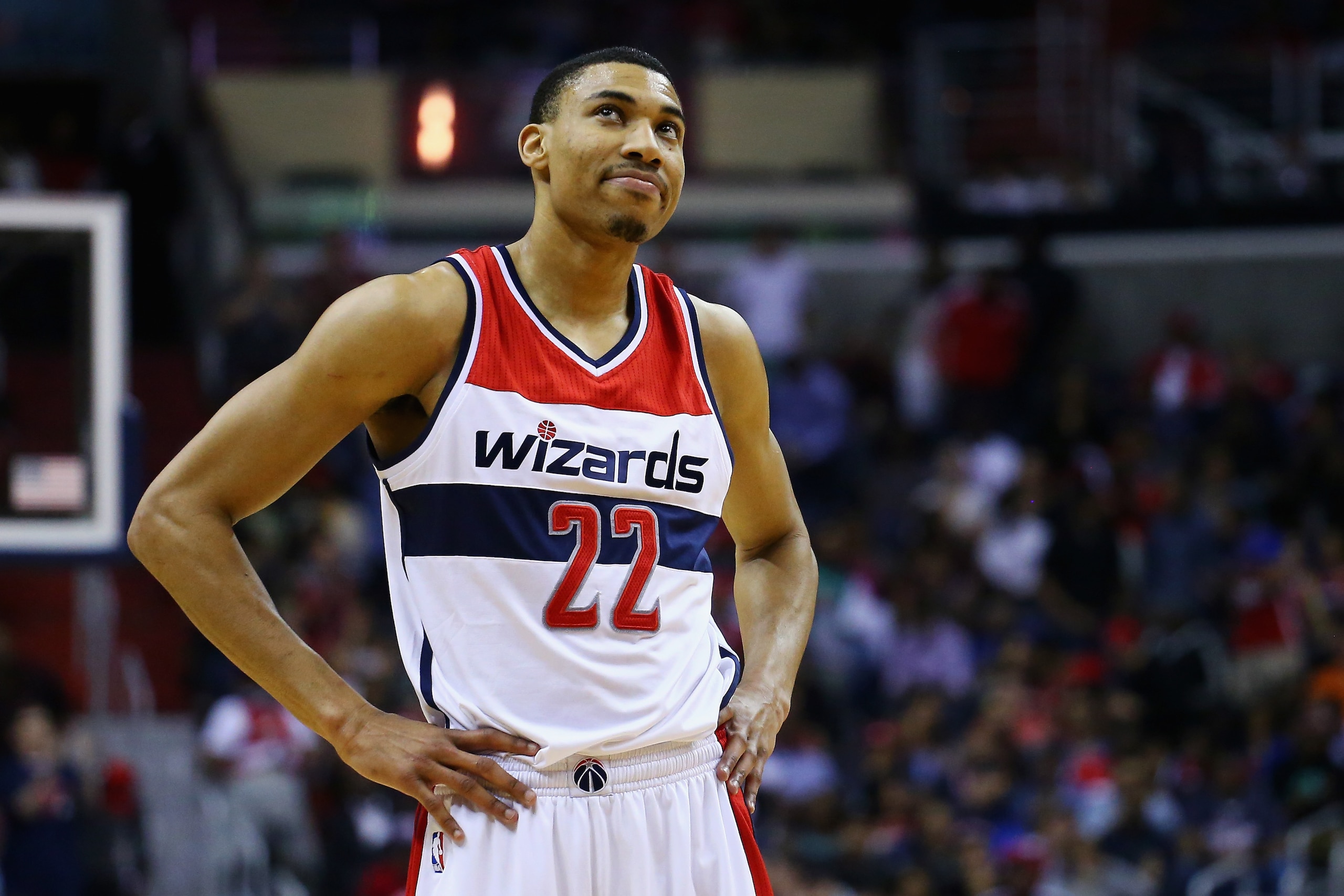 WASHINGTON, DC - MAY 15:  Otto Porter Jr. #22 of the Washington Wizards reacts to a foul called against him during the second quarter against the Atlanta Hawks at Verizon Center on May 15, 2015 in Washington, DC.  (Photo by Maddie Meyer/Getty Images)