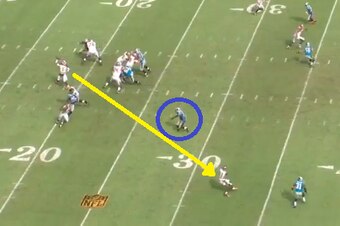 Jameis Winston throws his fourth interception against the Carolina Panthers.