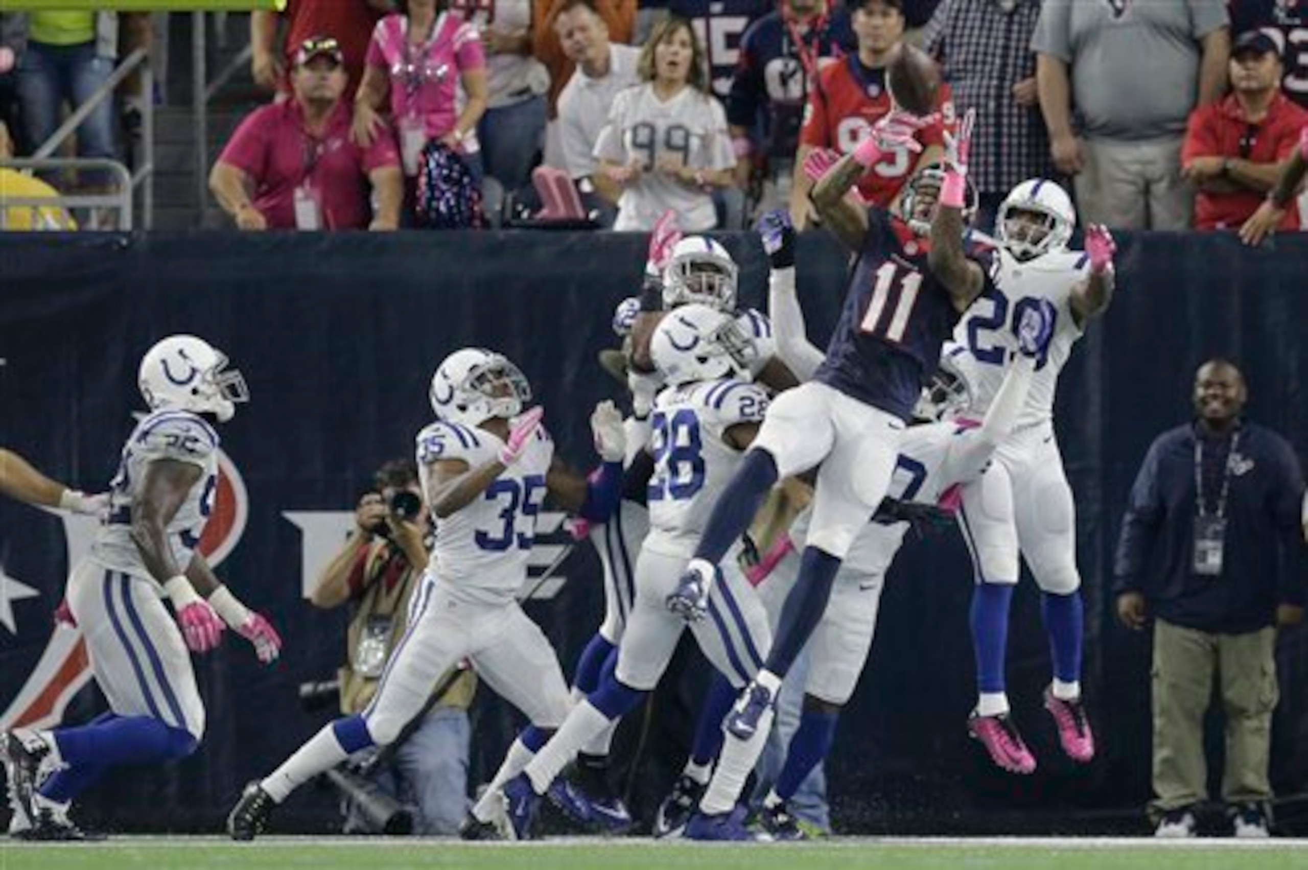 Jaelen Strong catches a Hail Mary pass for the Houston Texans versus the Indianapolis Colts