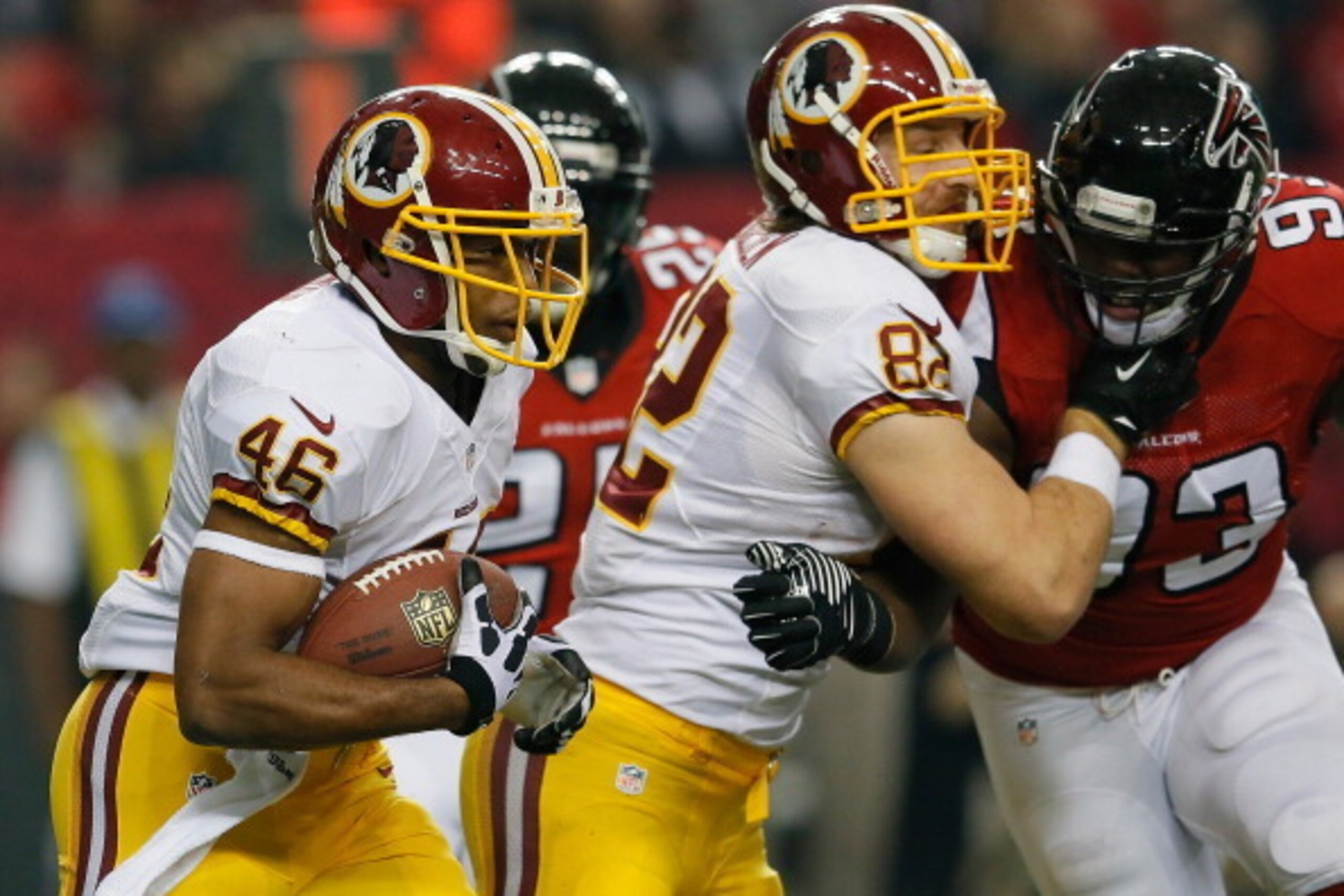 ATLANTA, GA - DECEMBER 15:  Alfred Morris #46 of the Washington Redskins rushes against the Atlanta Falcons at Georgia Dome on December 15, 2013 in Atlanta, Georgia.  (Photo by Kevin C. Cox/Getty Images)