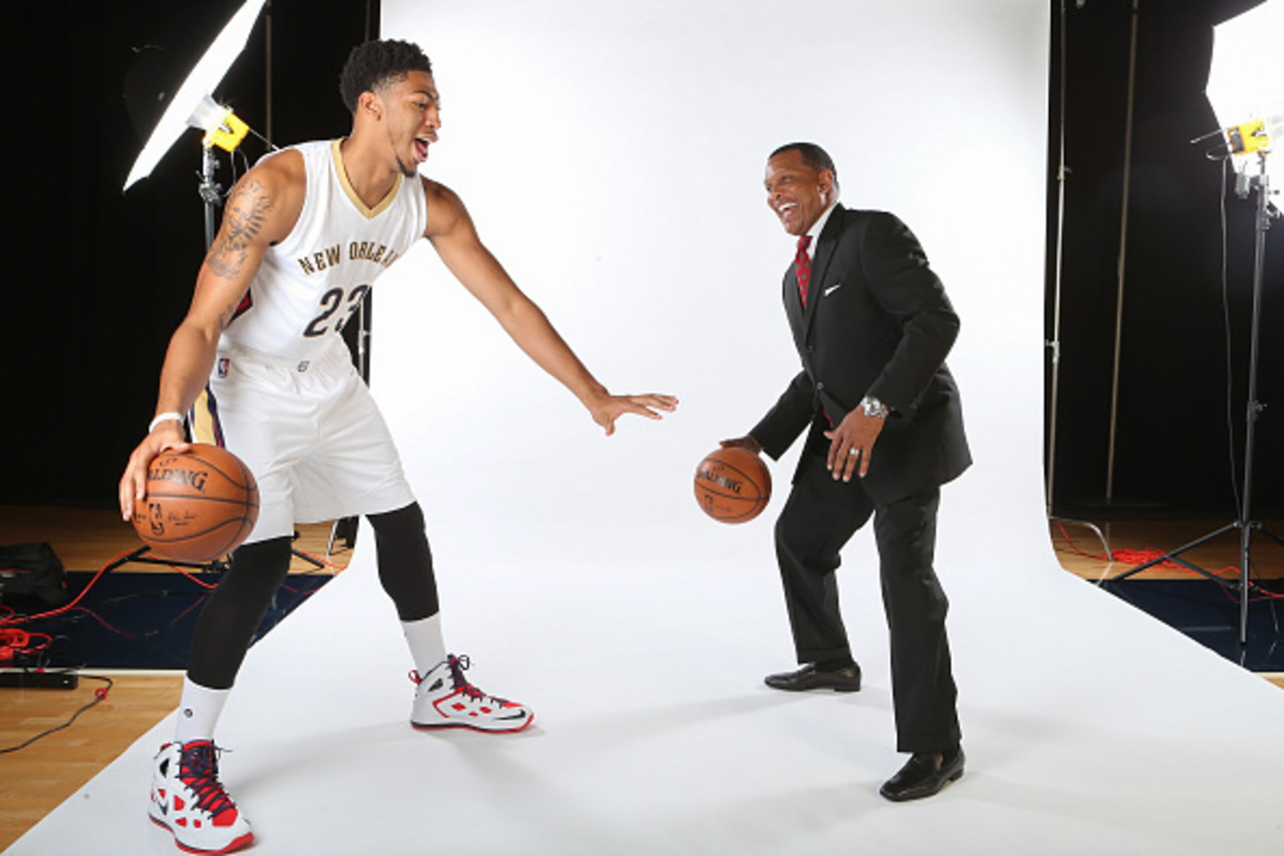 METAIRIE, LA - SEPTEMBER 28: Head Coach Alvin Gentry and Anthony Davis of the New Orleans Pelicans pose for photos during NBA Media Day on September 28, 2015 at the New Orleans Pelicans practice facility in Metairie, Louisiana. NOTE TO USER: User expressl