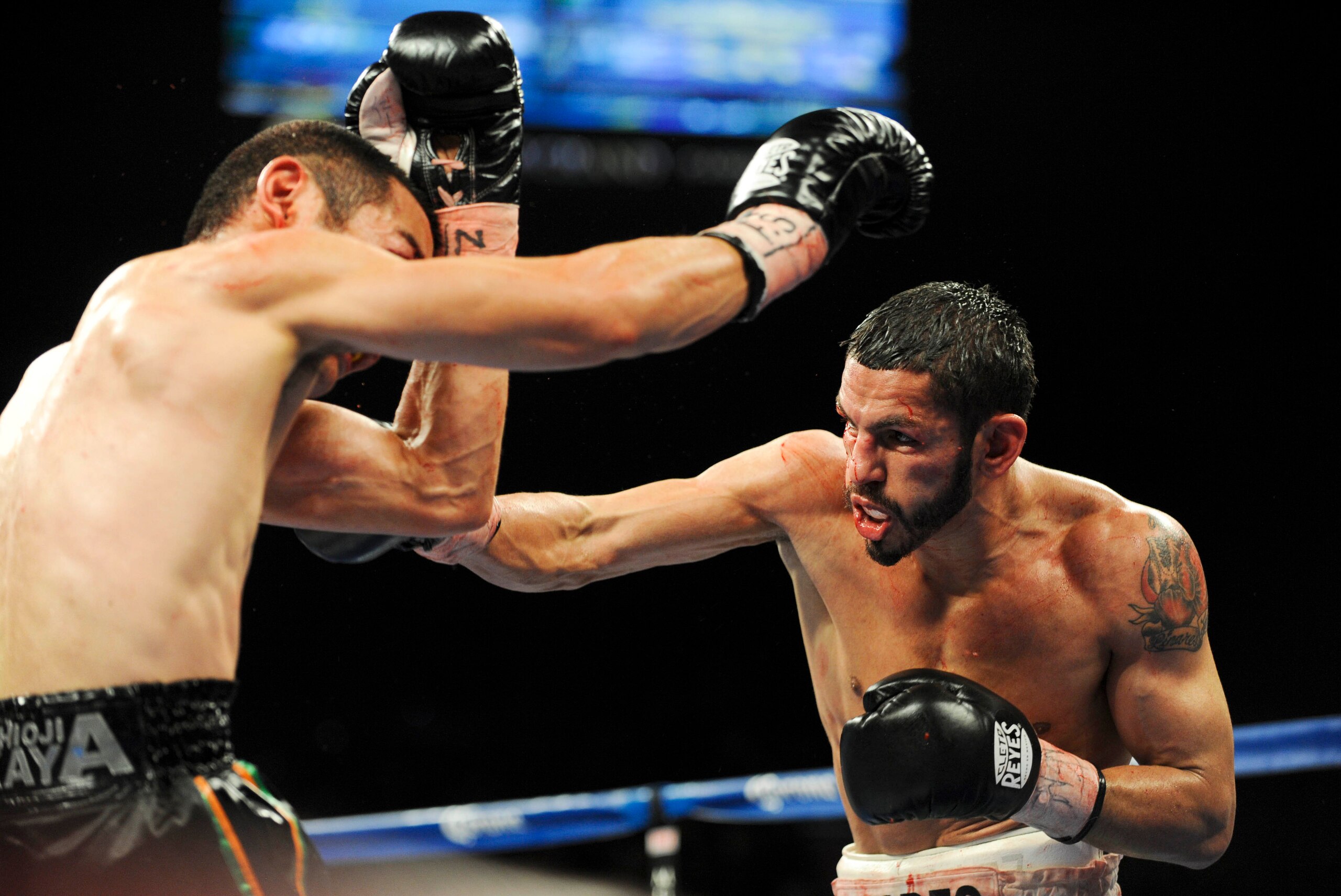 Mar 8, 2014; Las Vegas, NV, USA; Jorge Linares (white and green trunks) fights against Nihito Arakawa during their ten round WBC final lightweight eliminator bout at MGM Grand Arena. Mandatory Credit: Stephen R. Sylvanie-USA TODAY Sports
