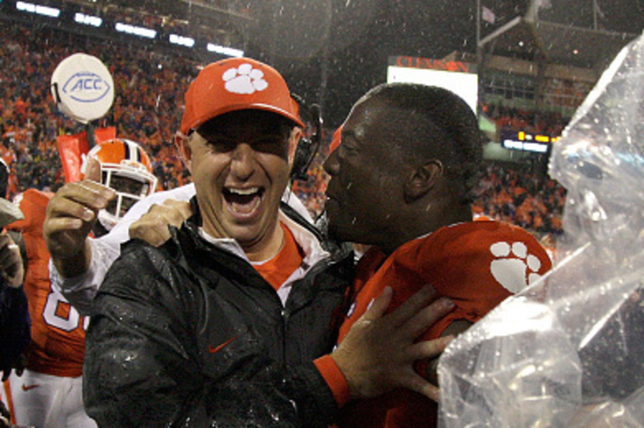CLEMSON, SC - OCTOBER 3: Head Coach Dabo Swinney of the Cemson Tigers celebrates after defeating the Notre Dame Fighting Irish 24-22 at Clemson Memorial Stadium on October 3, 2015 in Clemson, South Carolina. (Photo by Tyler Smith/Getty Images)