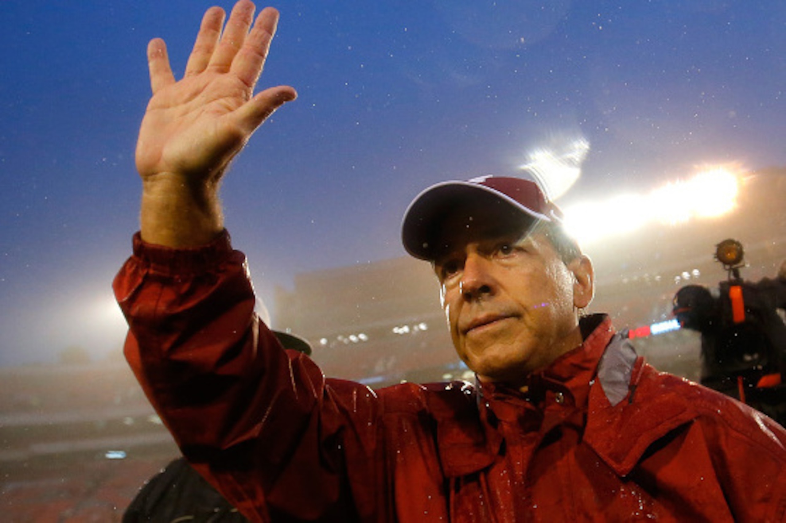 ATHENS, GA - OCTOBER 03:  Head coach Nick Saban of the Alabama Crimson Tide reacts towards the fans after their 38-10 win over the Georgia Bulldogs at Sanford Stadium on October 3, 2015 in Athens, Georgia.  (Photo by Kevin C. Cox/Getty Images)
