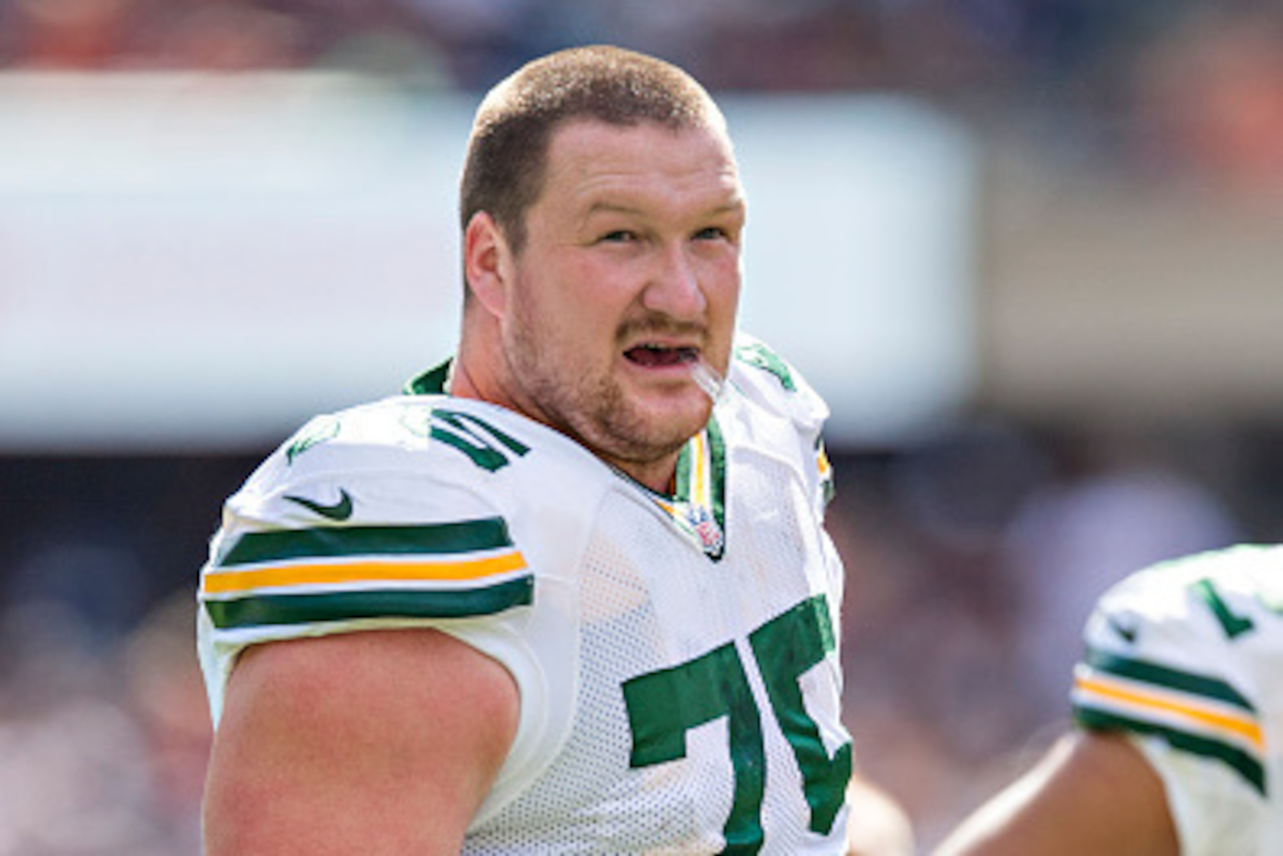 CHICAGO, IL - SEPTEMBER 13:  Bryan Bulaga #75 of the Green Bay Packers on the field during a timeout against the Chicago Bears at Soldier Field on September 13, 2015 in Chicago, Illinois.  The Packers defeated the Bears 31-23.  (Photo by Wesley Hitt/Getty