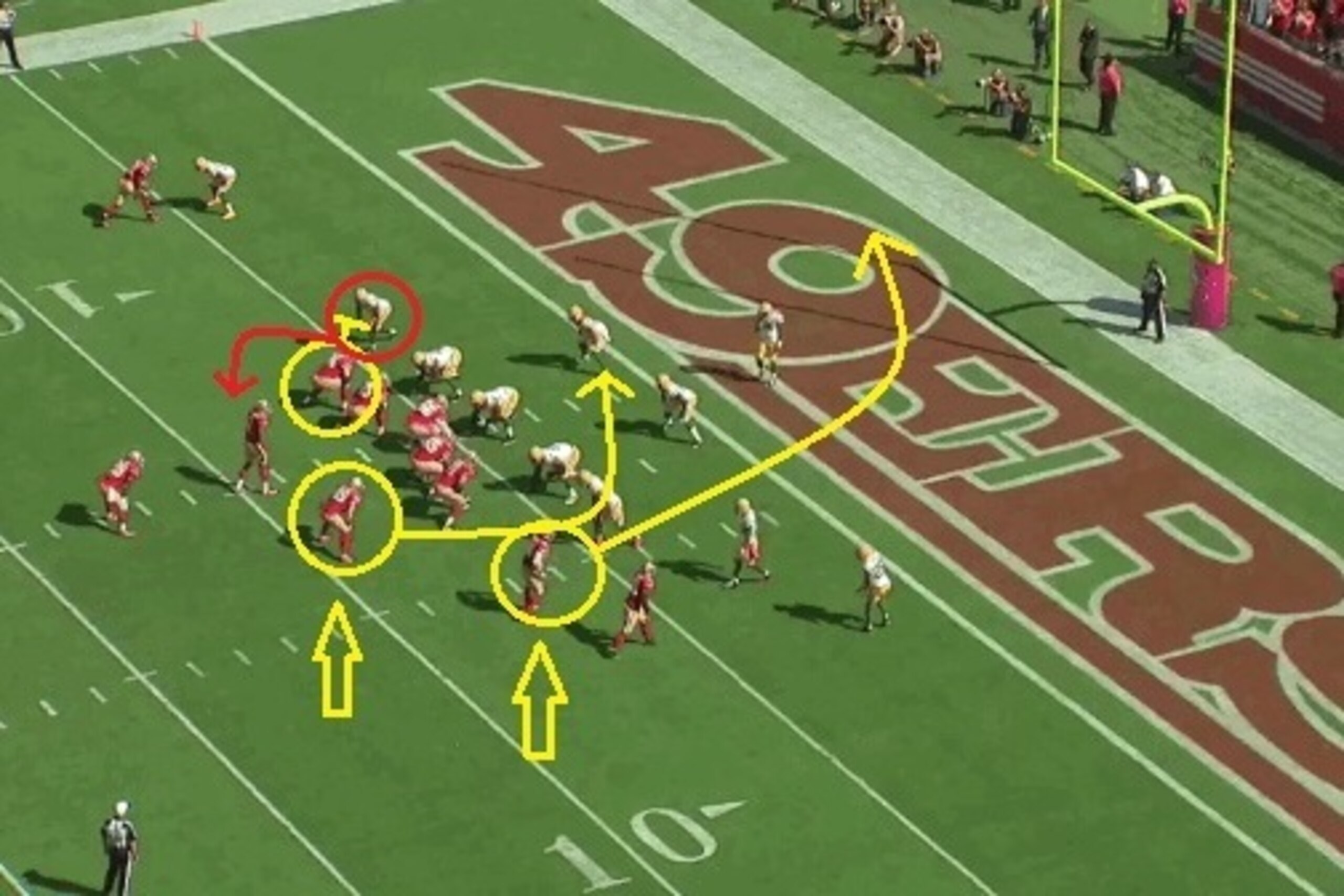 Green Bay's defense will bring down Kaepernick on this play. But the quarterback did have open options (yellow arrows).