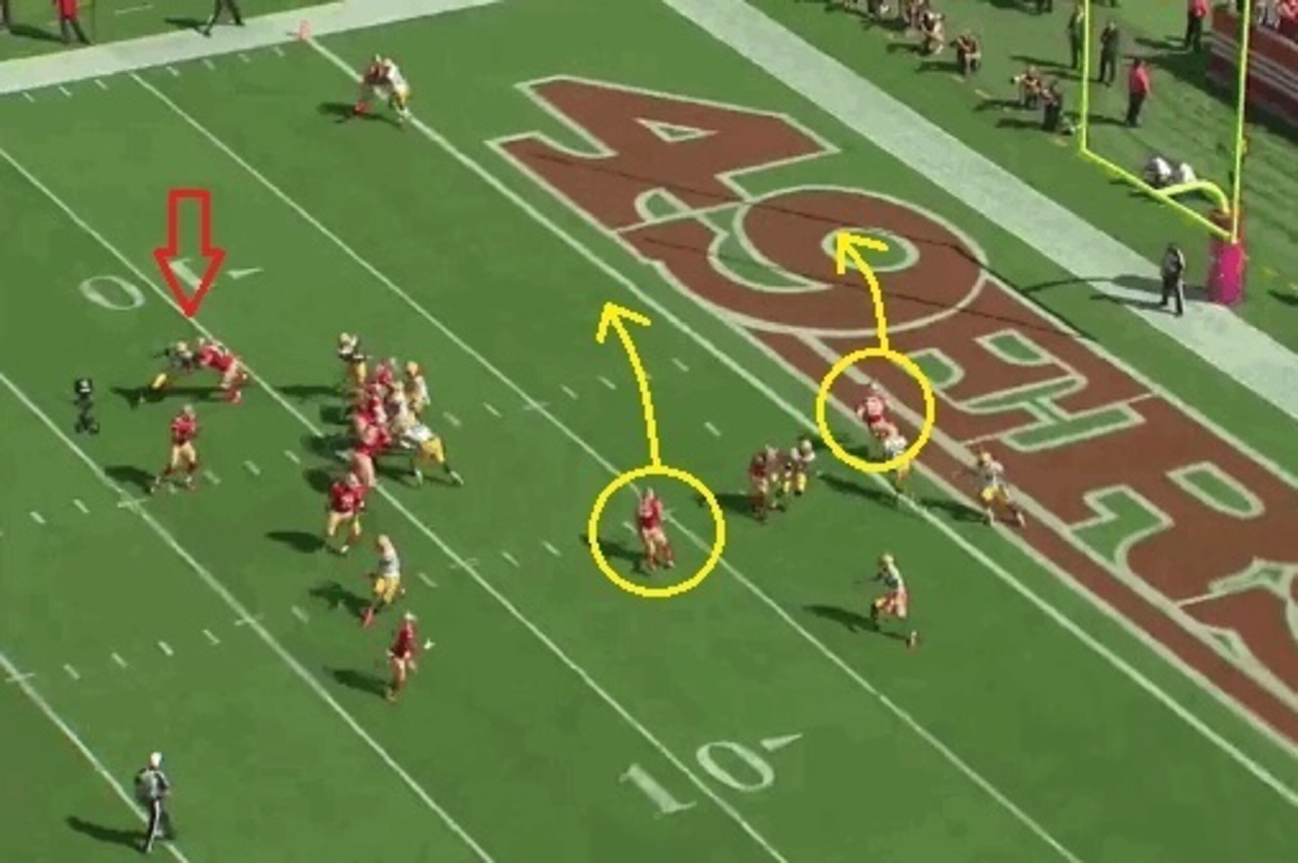 At this moment, Kaepernick still has time for a quick throw. Two open receivers are in position to receive a pass.