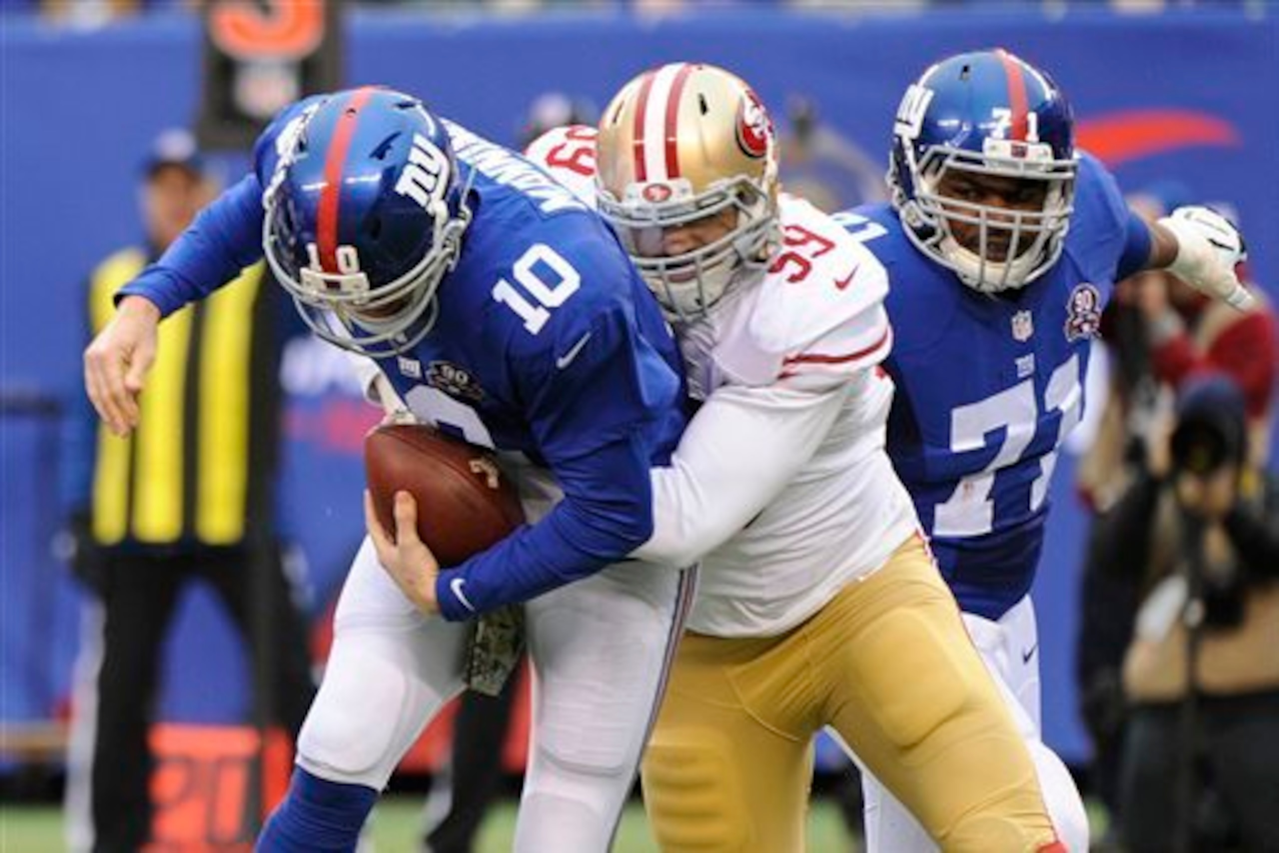 Look for linebacker Aaron Lynch to try and force pressure on Giants quarterback Eli Manning.