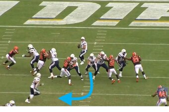Danny Woodhead blocks, then sneaks out past the line of scrimmage and gains 61 yards on a pass from Philip Rivers.