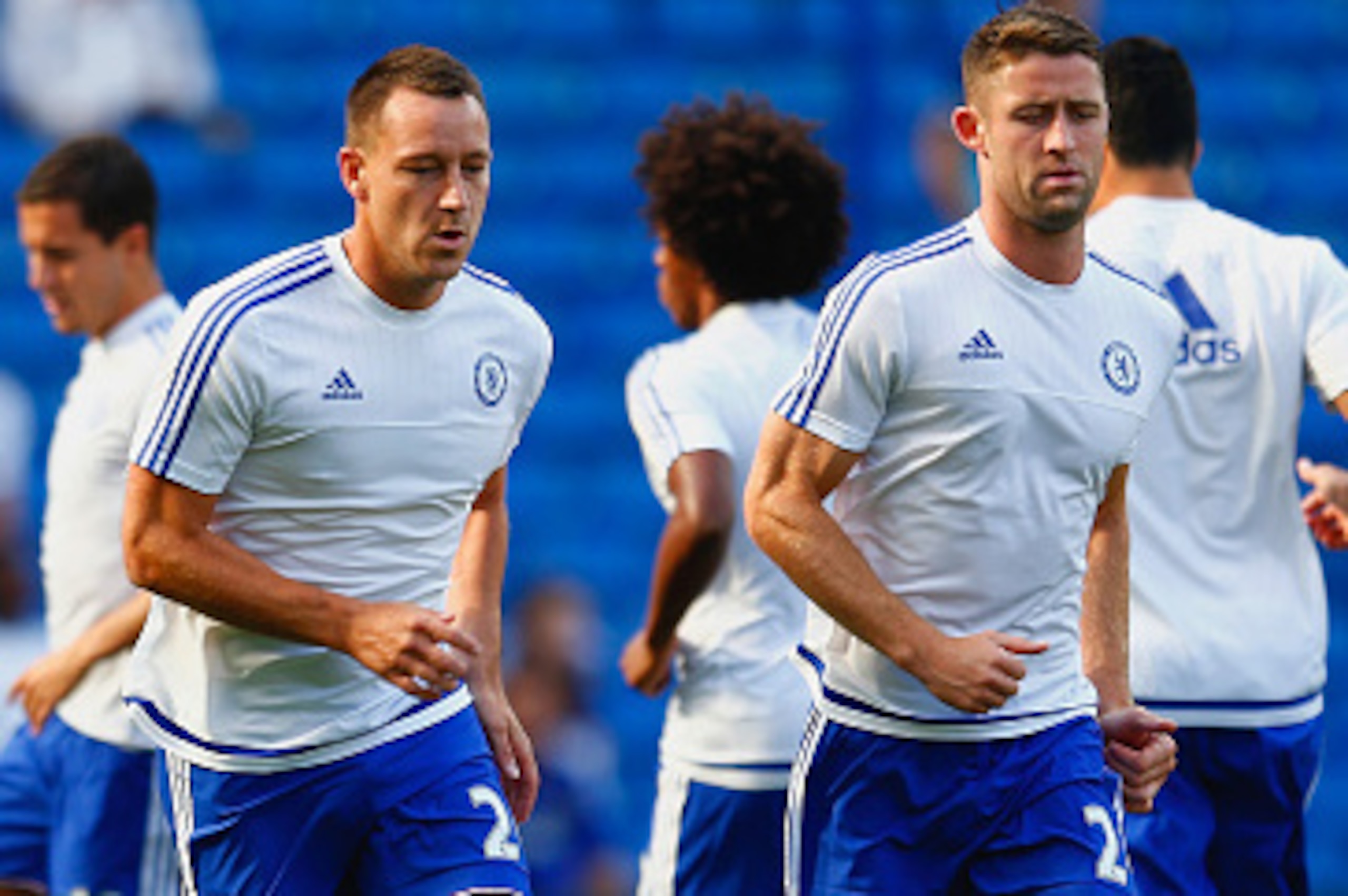 LONDON, ENGLAND - AUGUST 08: John Terry and Gary Cahill of Chelsea warm up prior to  the Barclays Premier League match between Chelsea and Swansea City at Stamford Bridge on August 8, 2015 in London, England.  (Photo by Julian Finney/Getty Images)