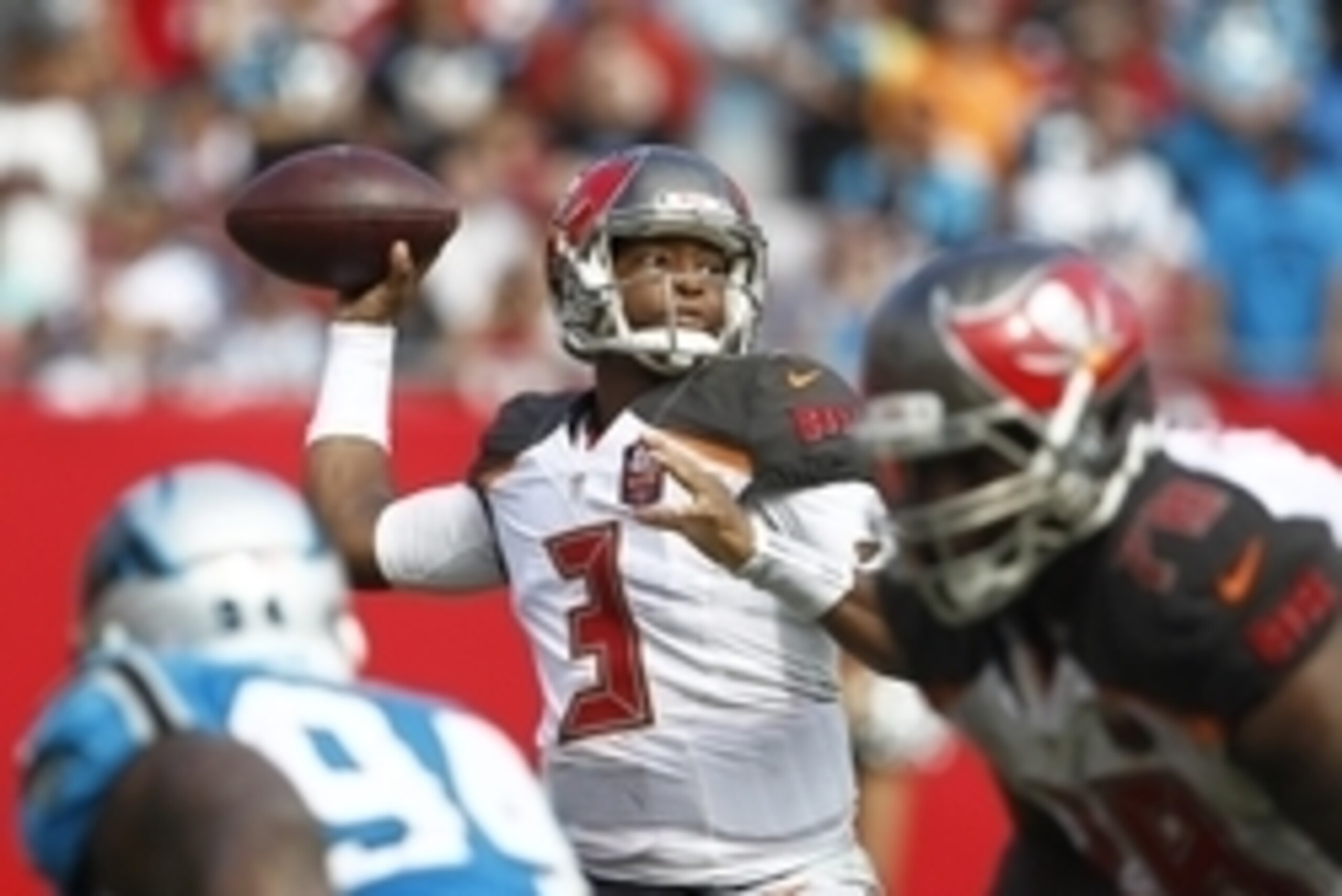 Oct 4, 2015; Tampa, FL, USA; Tampa Bay Buccaneers quarterback Jameis Winston (3) drops to throw during the fourth quarter of an NFL football game against the Carolina Panthers at Raymond James Stadium. Carolina won 37-23. Mandatory Credit: Reinhold Matay- Oct 4, 2015; Tampa, FL, USA; Tampa Bay Buccaneers quarterback Jameis Winston (3) drops to throw during the fourth quarter of an NFL football game against the Carolina Panthers at Raymond James Stadium. Carolina won 37-23. Mandatory Credit: Reinhold Matay-