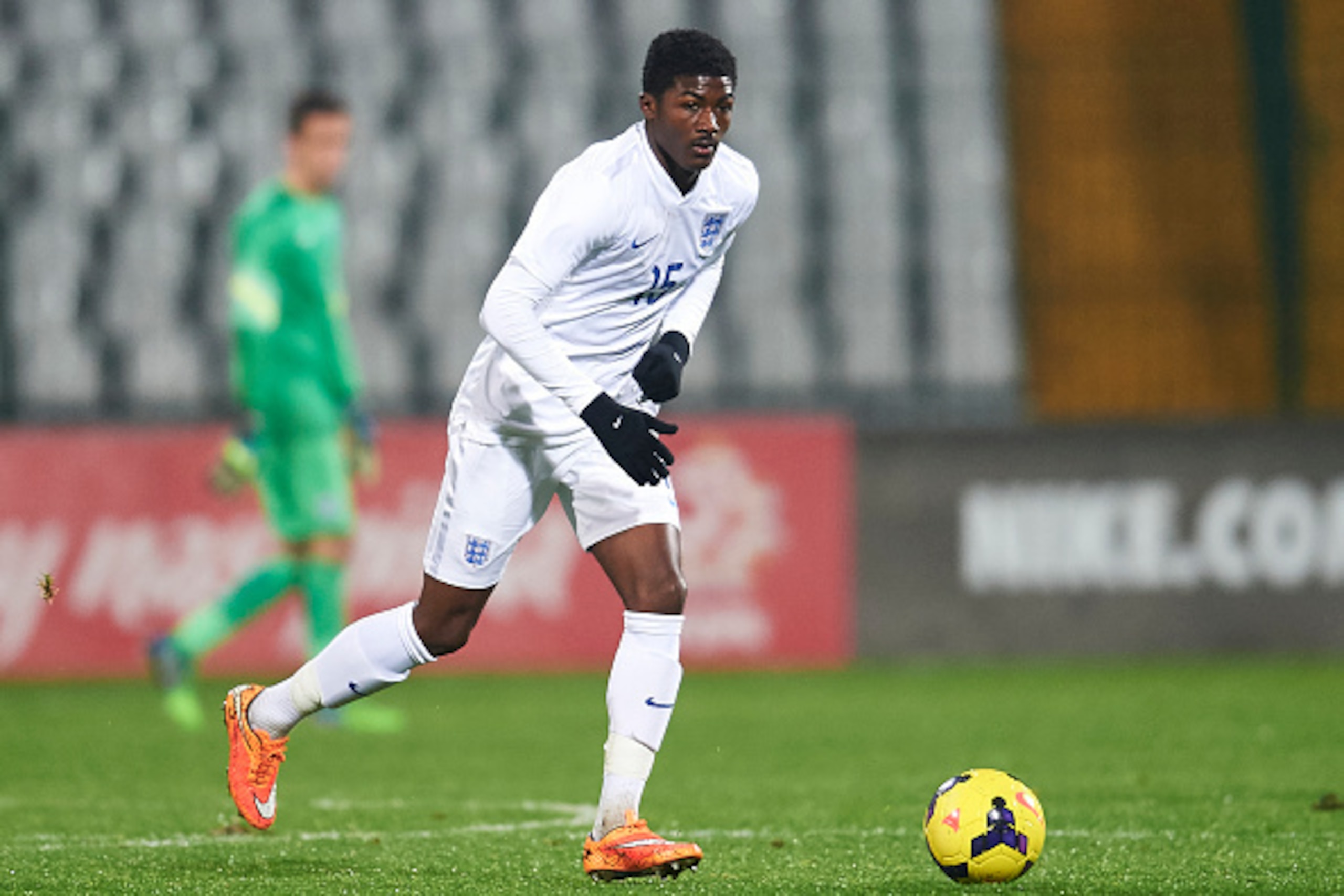 GDANSK, POLAND - NOVEMBER 17: England's Ainsley Maitland-Niles controls the ball during the international friendly match Under-18 between Poland and England on November 17, 2014 on the MOSiR Stadium in Gdansk, Poland. (Photo by Adam Nurkiewicz/Getty Image