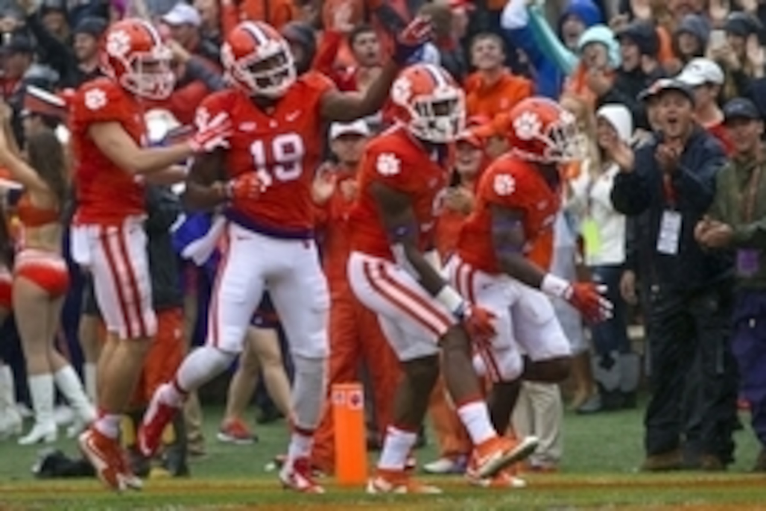 Oct 10, 2015; Clemson, SC, USA; Clemson Tigers running back Wayne Gallman (9) celebrates with teammates after scoring a touchdown during the first quarter against the Georgia Tech Yellow Jackets at Clemson Memorial Stadium. Mandatory Credit: Joshua S. Kel