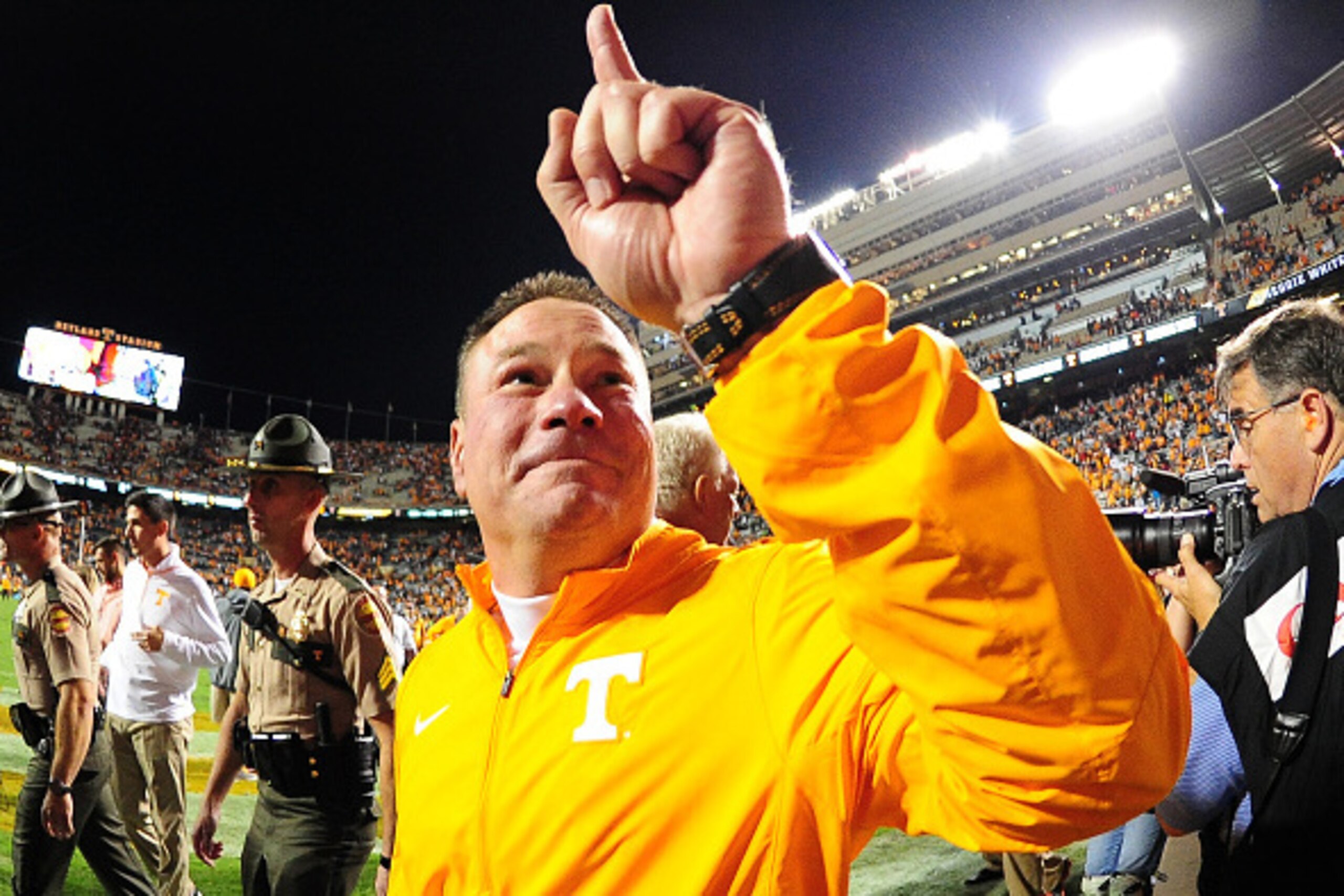 KNOXVILLE, TN - OCTOBER 10: Head Coach Butch Jones of the Tennessee Volunteers celebrates after the game against the Georgia Bulldogs on October 10, 2015 at Neyland Stadium in Knoxville, Tennessee. (Photo by Scott Cunningham/Getty Images)