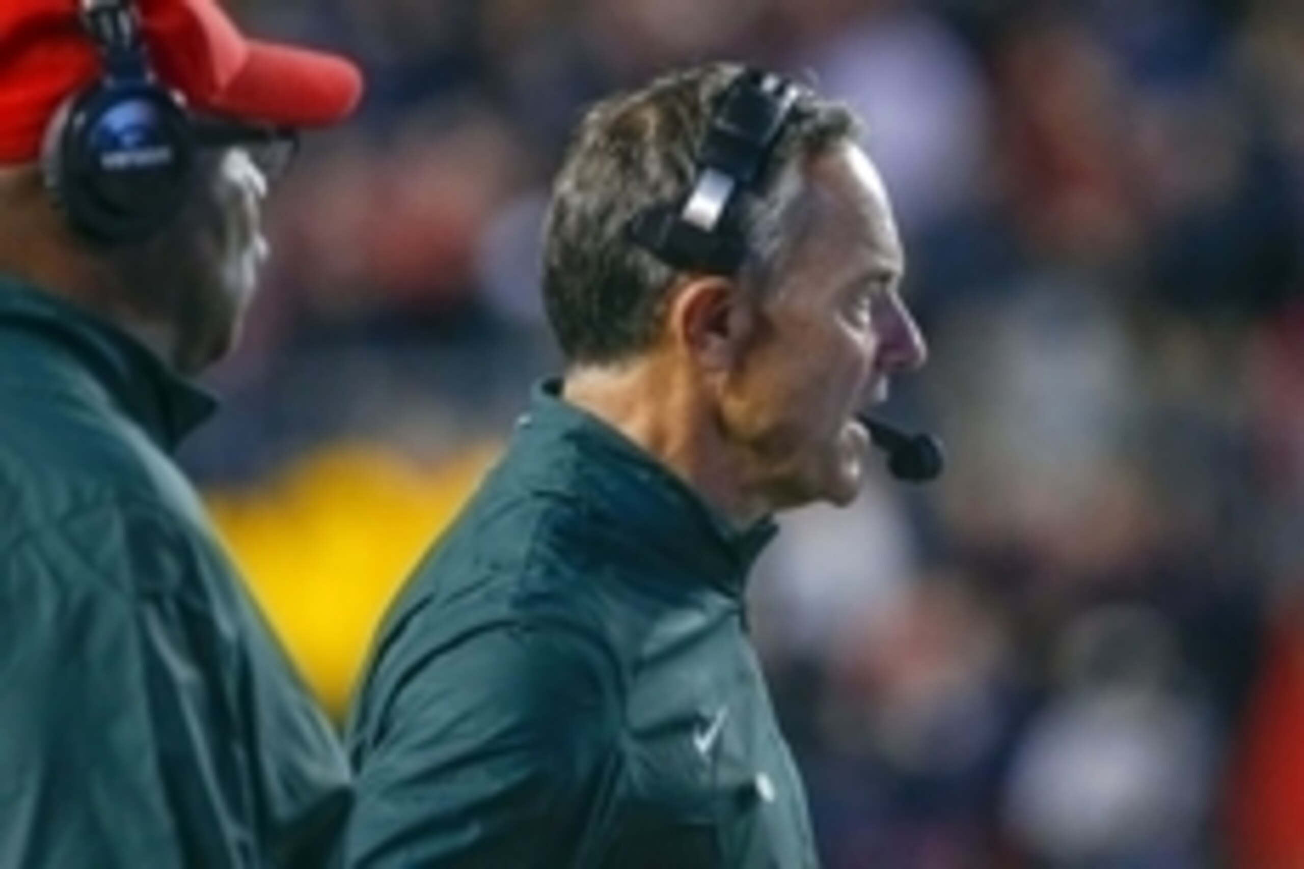 Oct 10, 2015; Piscataway, NJ, USA;  Michigan State Spartans head coach Mark Dantonio during the third quarter against the Rutgers Scarlet Knights at High Points Solutions Stadium. Michigan State Spartans defeats Rutgers Scarlet Knights 31-24. Mandatory Cr