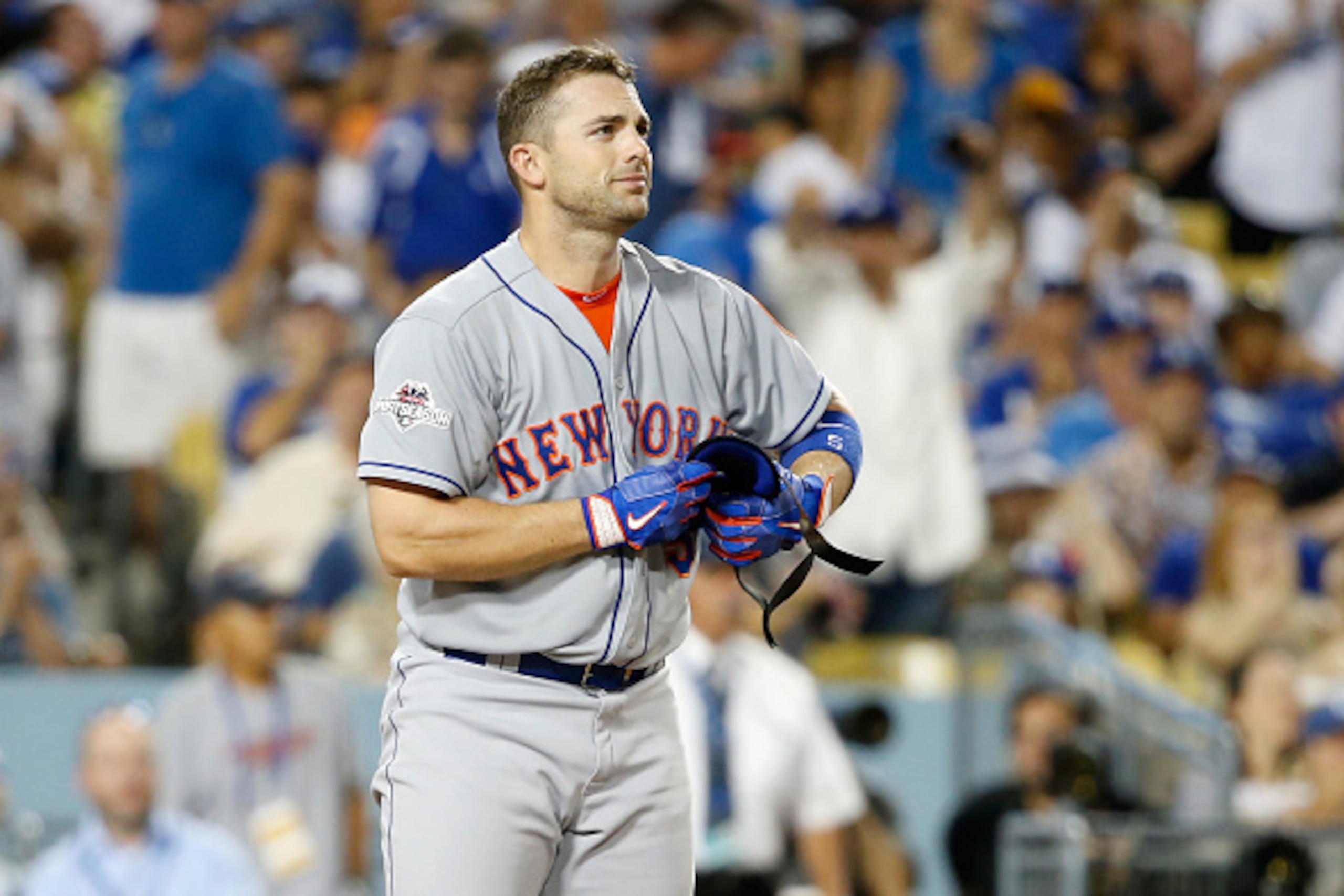 LOS ANGELES, CA - OCTOBER 10:  David Wright #5 of the New York Mets reacts after striking out swinging to end the third inning against the Los Angeles Dodgers in game two of the National League Division Series at Dodger Stadium on October 10, 2015 in Los 