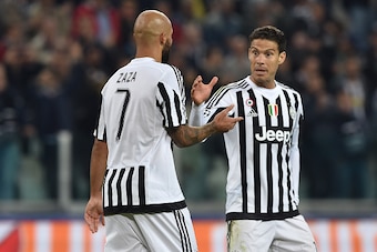 TURIN, ITALY - SEPTEMBER 30:  Simone Zaza (L) of Juventus celebrates a goal with team mate Anderson Hernanes during the UEFA Champions League group E match between Juventus and Sevilla FC on September 30, 2015 in Turin, Italy.  (Photo by Valerio Pennicino