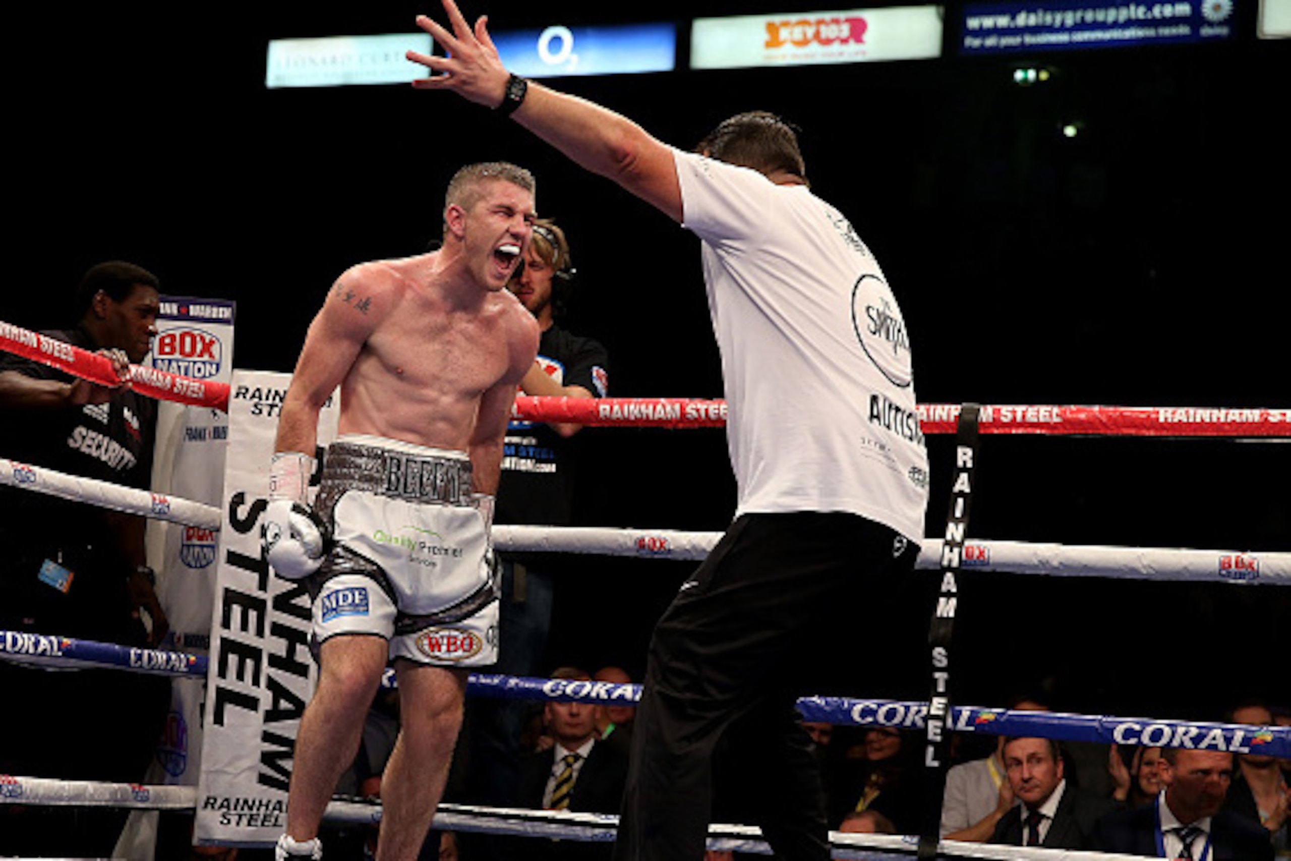 MANCHESTER, ENGLAND - OCTOBER 10: Liam Smith of Great Britain celebrates after defeating John Thompson of The USA during their WBO World Super Welterweight championship bout at Manchester Arena on October 10, 2015 in Manchester, England. (Photo by Ben H MANCHESTER, ENGLAND - OCTOBER 10: Liam Smith of Great Britain celebrates after defeating John Thompson of The USA during their WBO World Super Welterweight championship bout at Manchester Arena on October 10, 2015 in Manchester, England. (Photo by Ben H