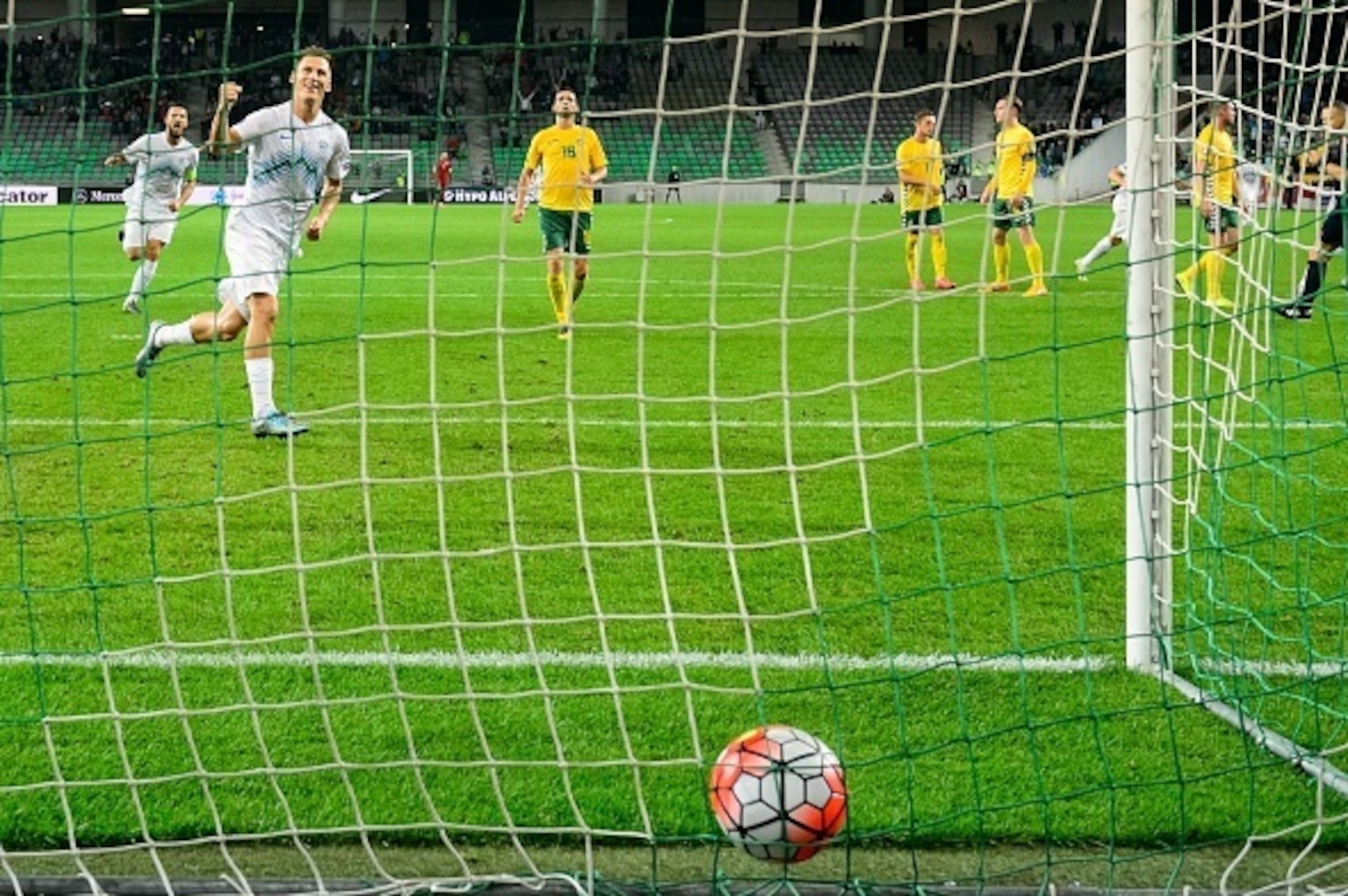 Slovenia's Valter Birsa (L) celebrates scoring  the opening goal past Lithuania's goalkeeper Emilijus Zubas during the Euro 2016 Group E qualifying football match between Slovenia and Lithuania at the Stozice stadium in Ljubljana, Slovenia on October 9, 2