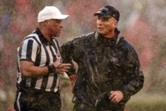 Oct 3, 2015; Athens, GA, USA; Georgia Bulldogs head coach Mark Richt speaks to an official during the third quarter against the Alabama Crimson Tide at Sanford Stadium. Mandatory Credit: Dale Zanine-USA TODAY Sports