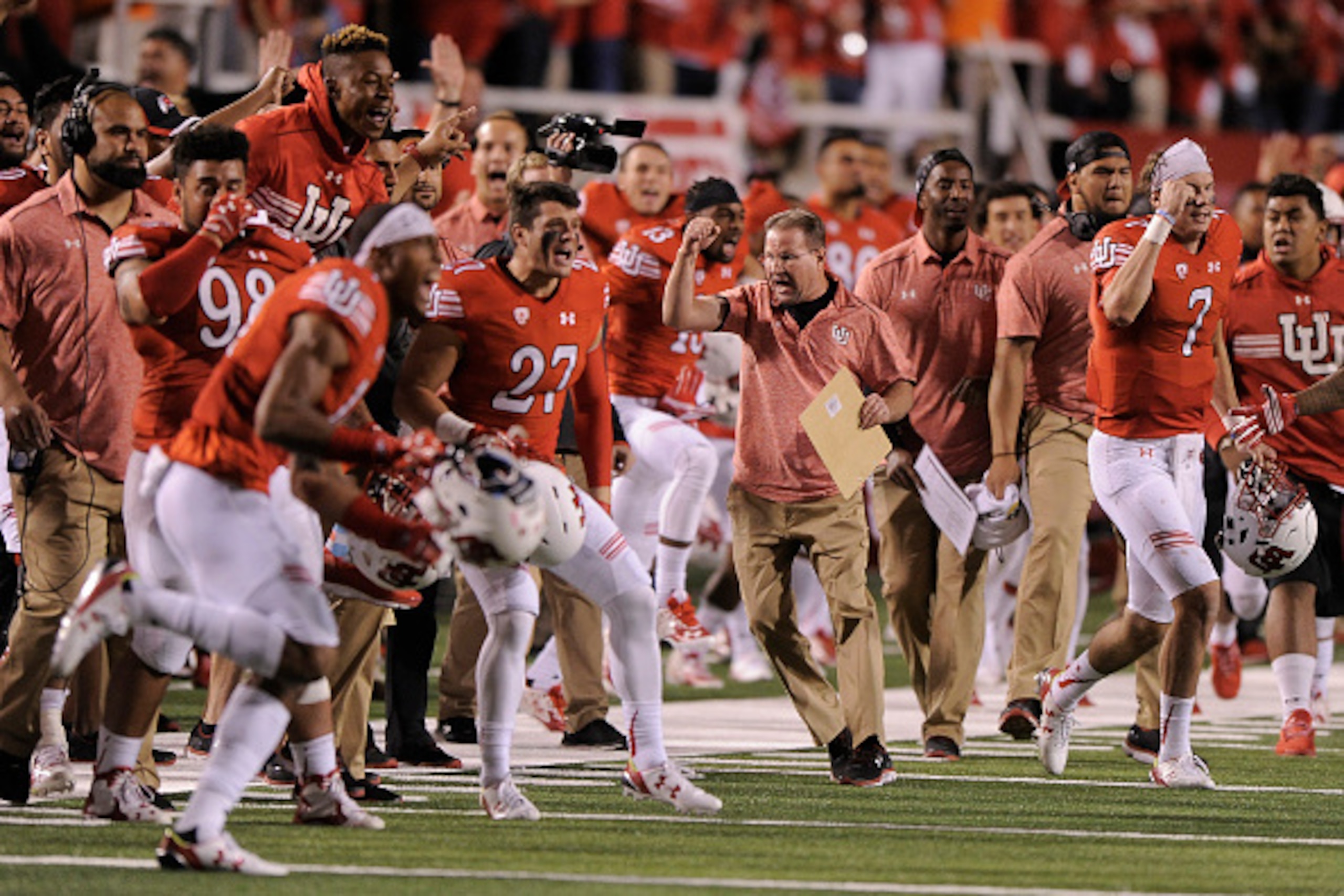 SALT LAKE CITY, UT - OCTOBER 10: The Utah Utes bench celebrates a fourth down stop of the California Golden Bears which ensured their 30-24 win at Rice-Eccles Stadium on October 10, 2015 in Salt Lake City, Utah. (Photo by Gene Sweeney Jr/Getty Images)